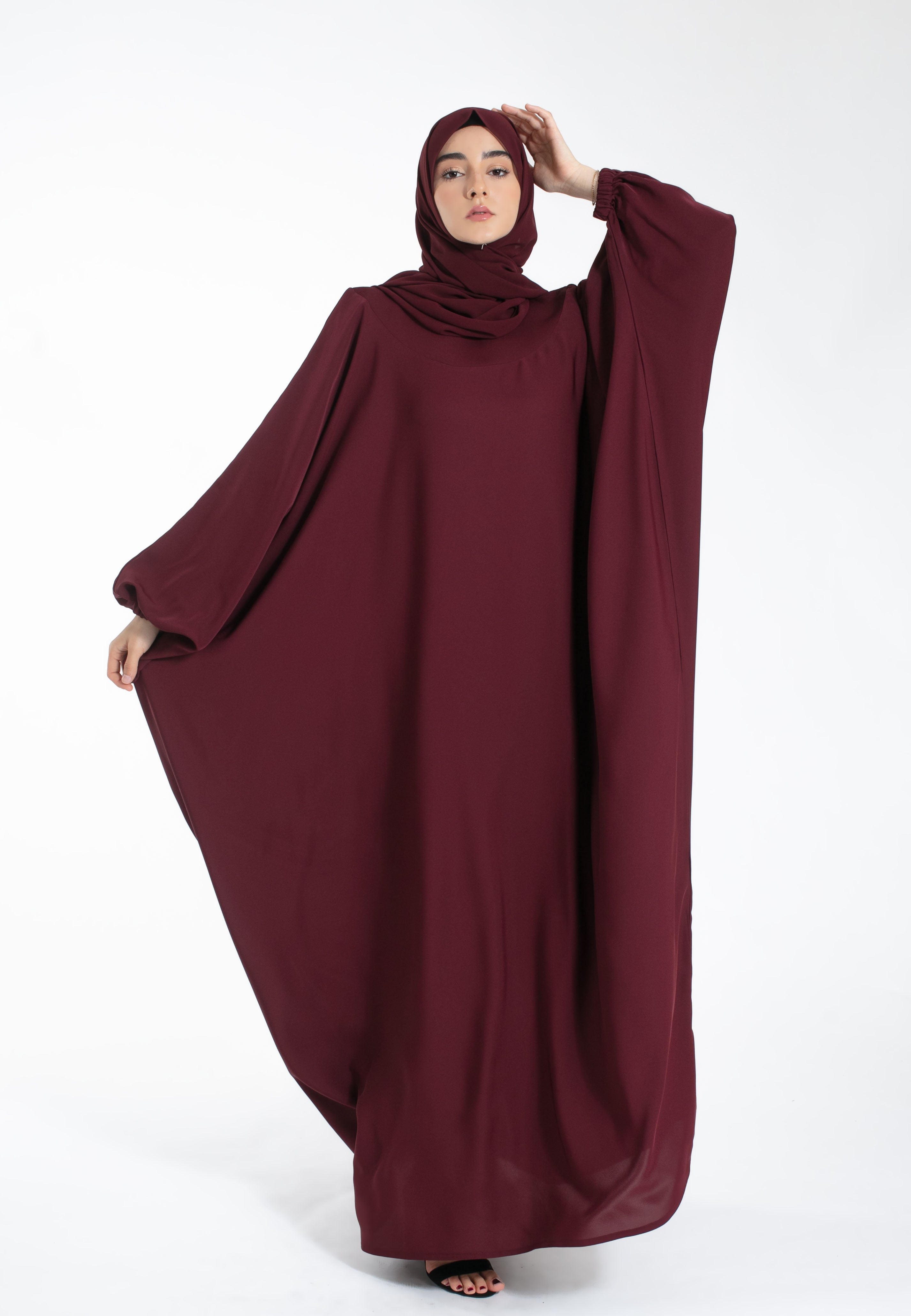Burgundy Farasha with elasticated cuff sleeves