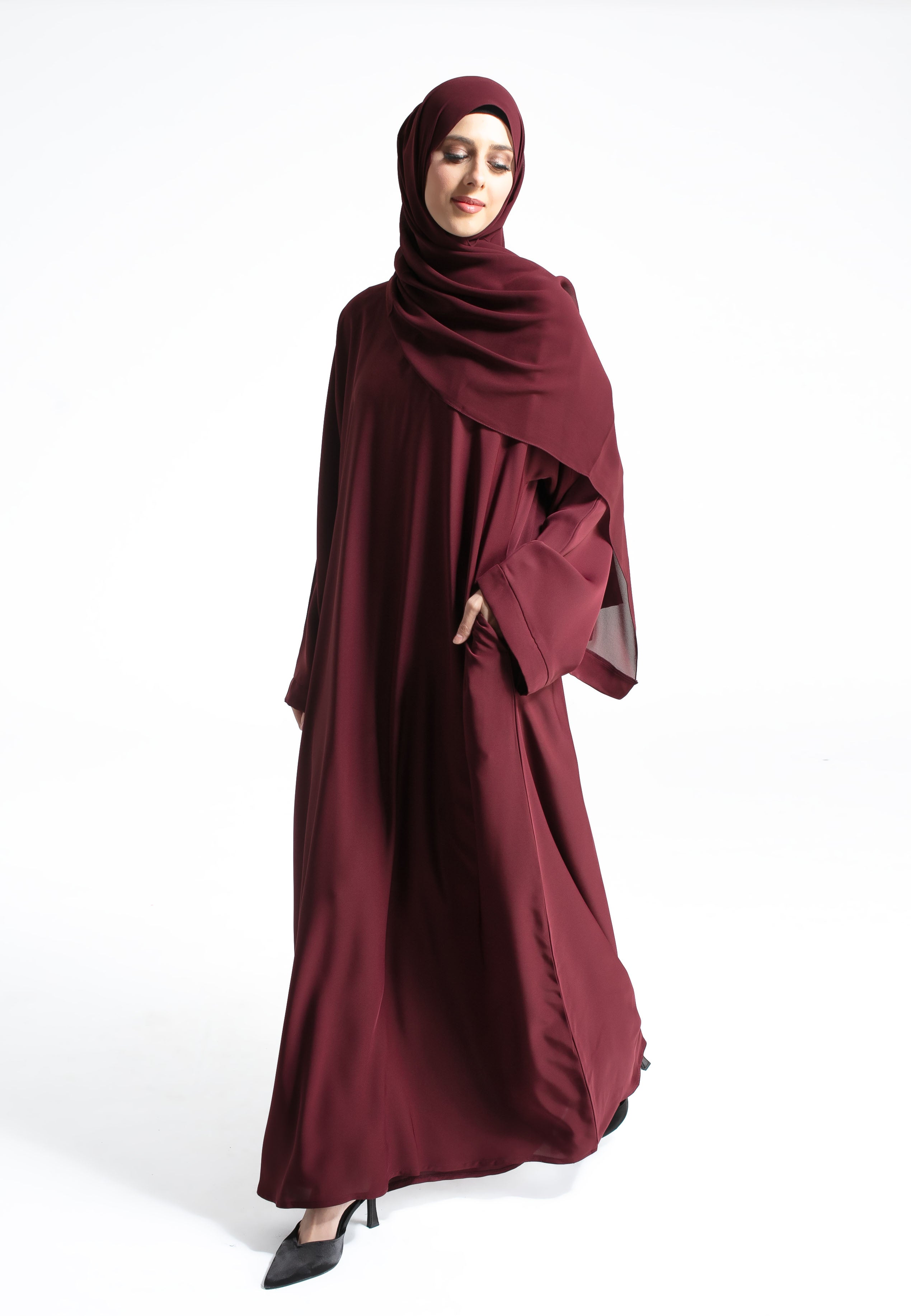 Burgundy Nida Abaya with Zip Pockets Premium Abayas Online by Abaya Lounge