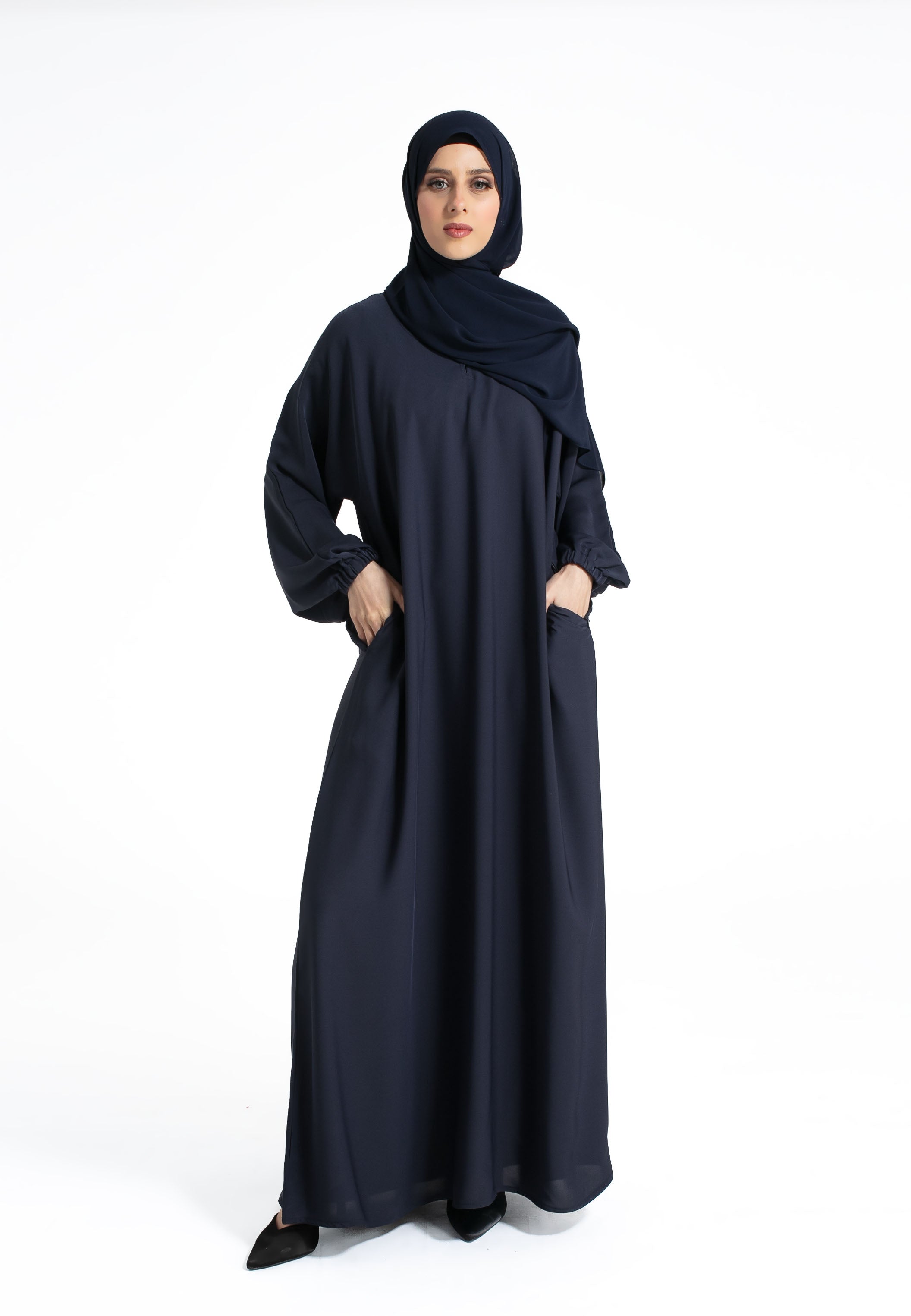 Shop Navy Closed Abaya With Pockets Cuff Sleeves Abaya Lounge Online