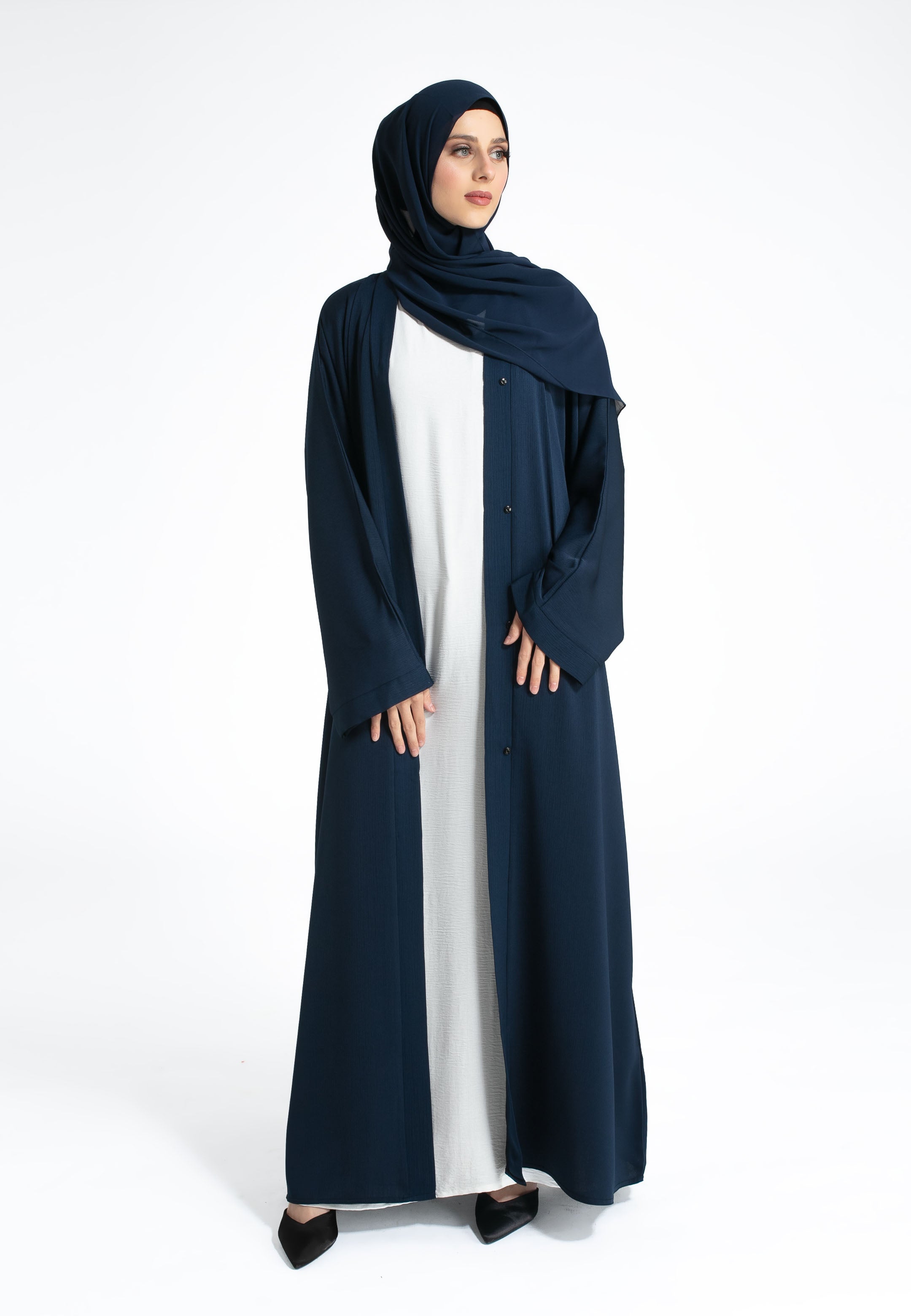 Navy Textured Open Abaya Stylish Summer Modest Wear Abaya Lounge