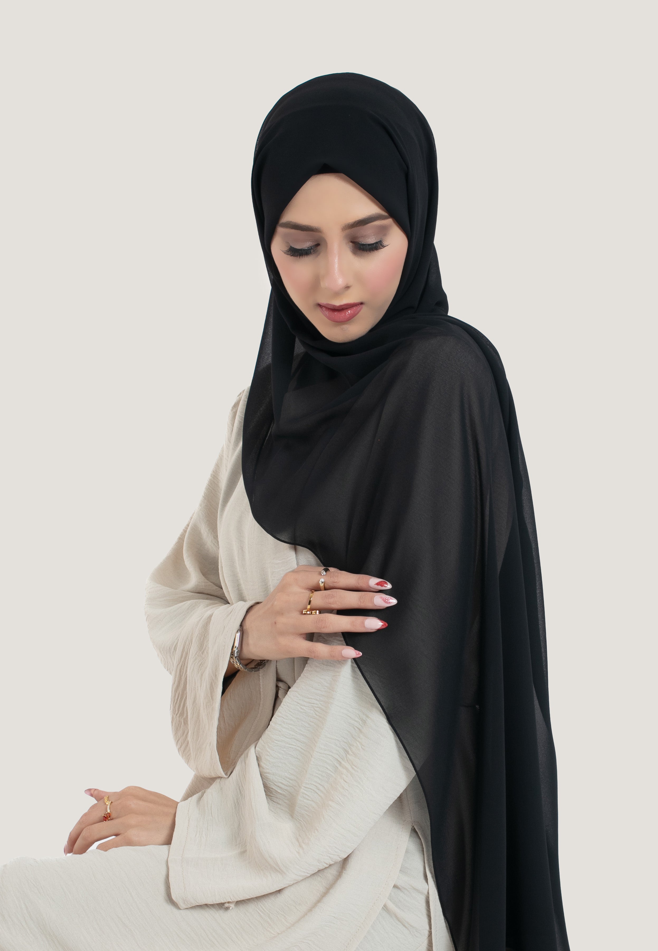 Black Crepe Chiffon Hijab - Side