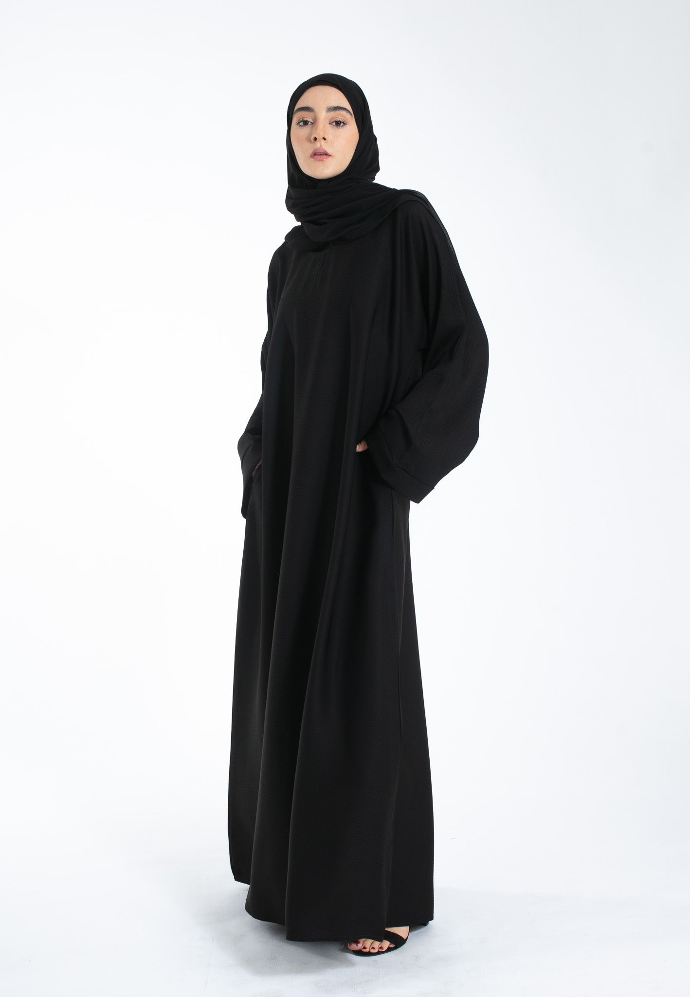 Black Textured Abaya with Zip Pockets