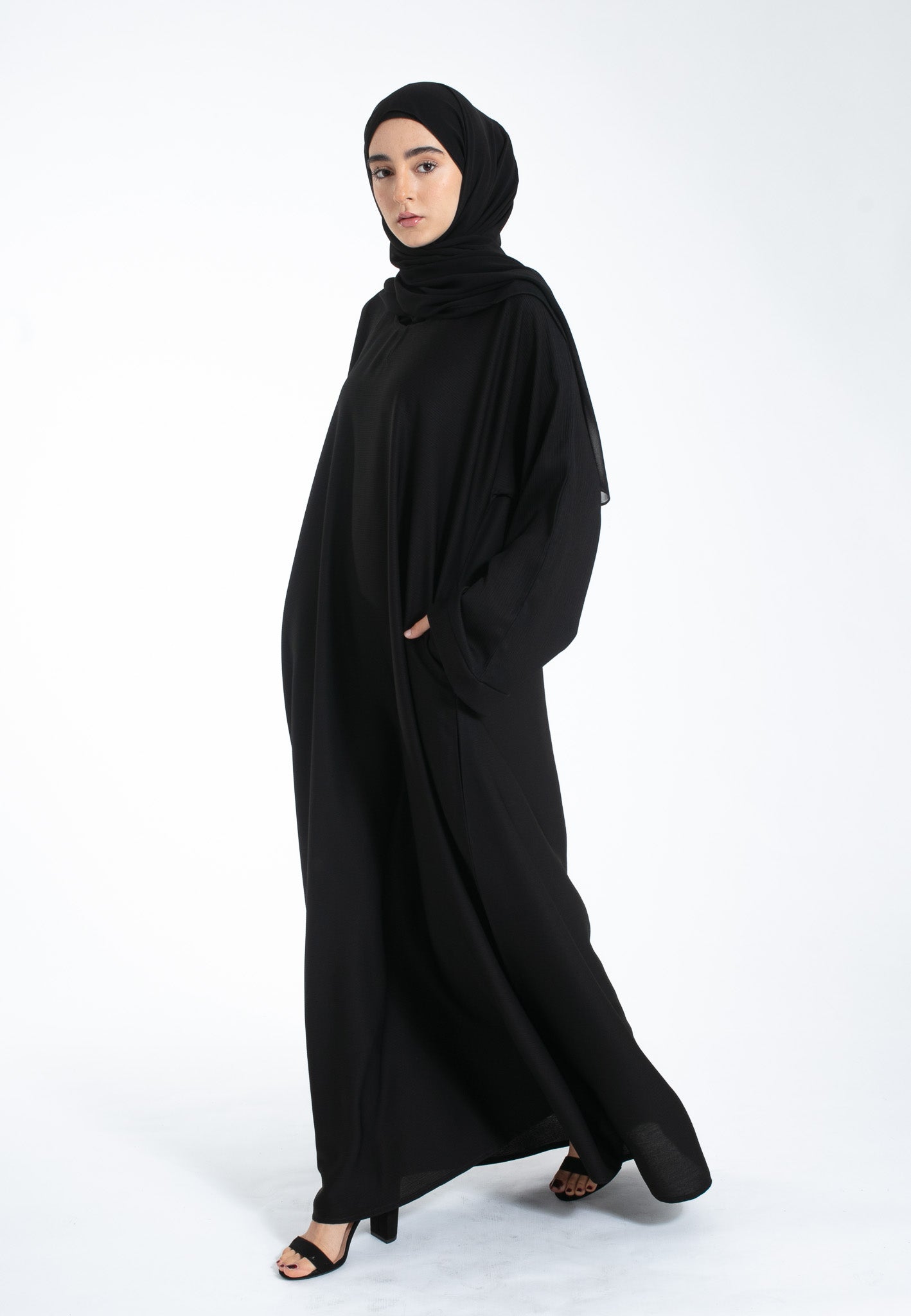 Black Textured Abaya with Zip Pockets