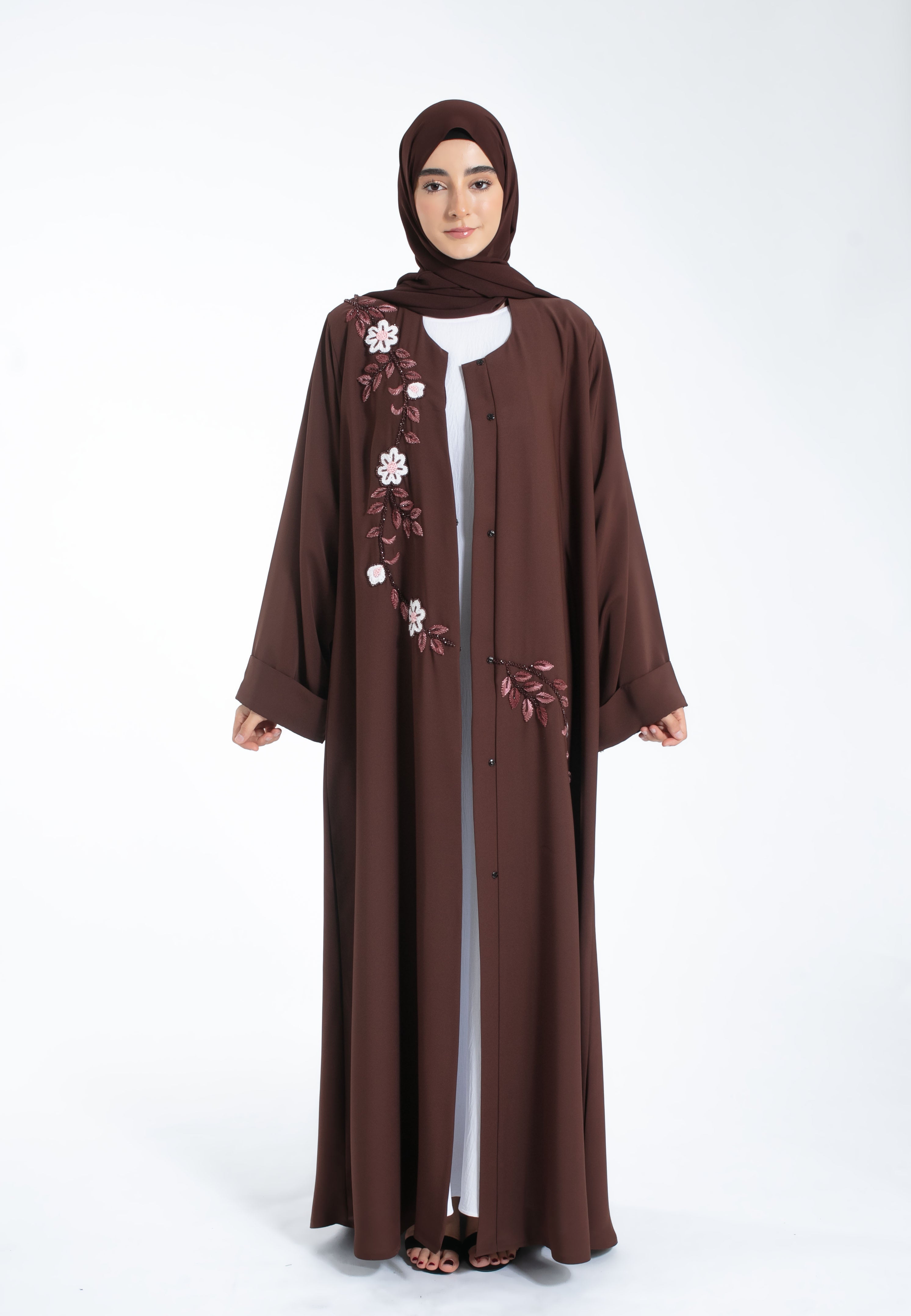 Floral-Embroidered-Open-Abaya-Brown