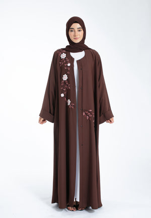 Floral-Embroidered-Open-Abaya-Brown