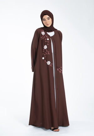 Floral-Embroidered-Brown-Open-Abaya