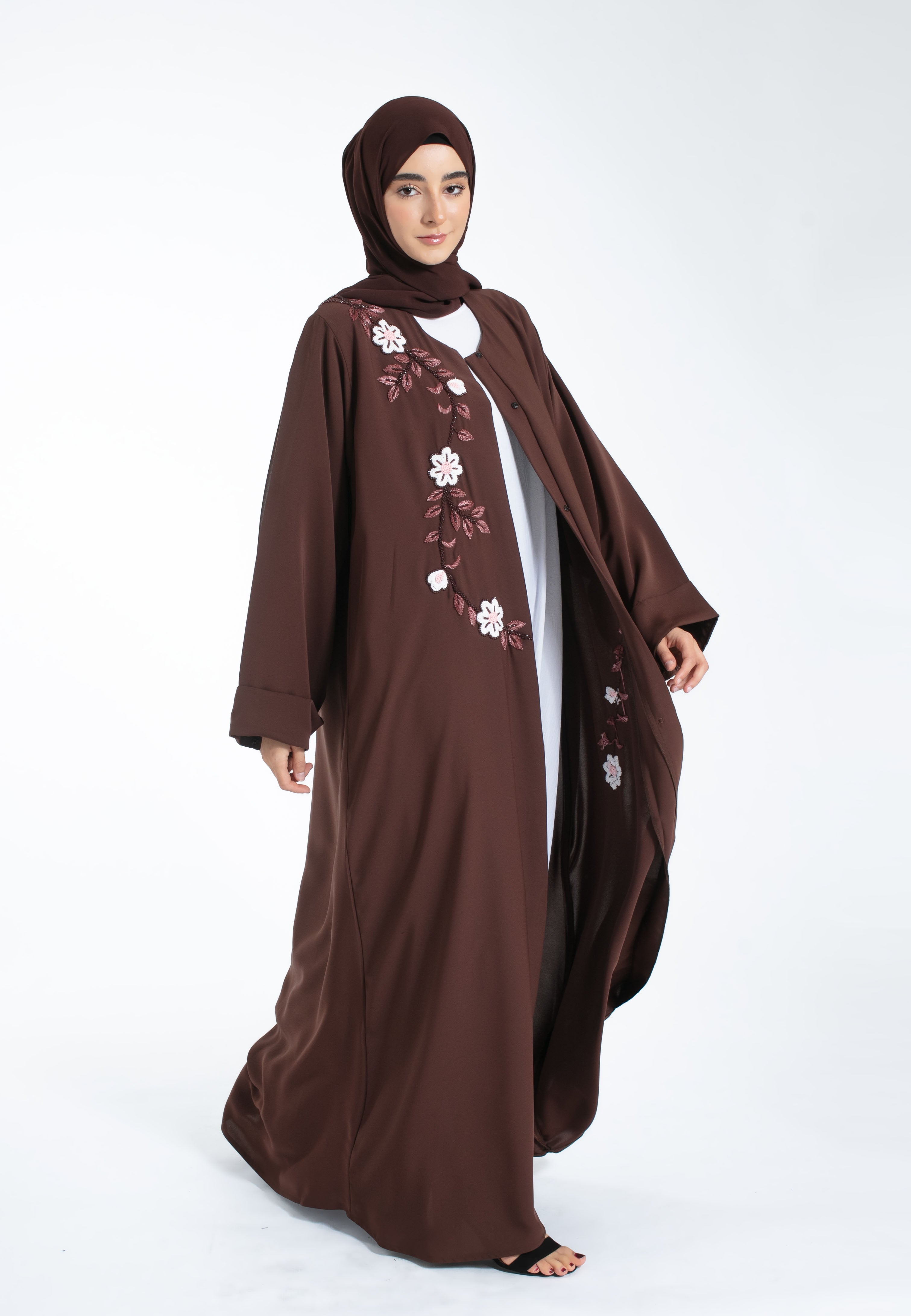 Brown-Embroidered-Open-Abaya