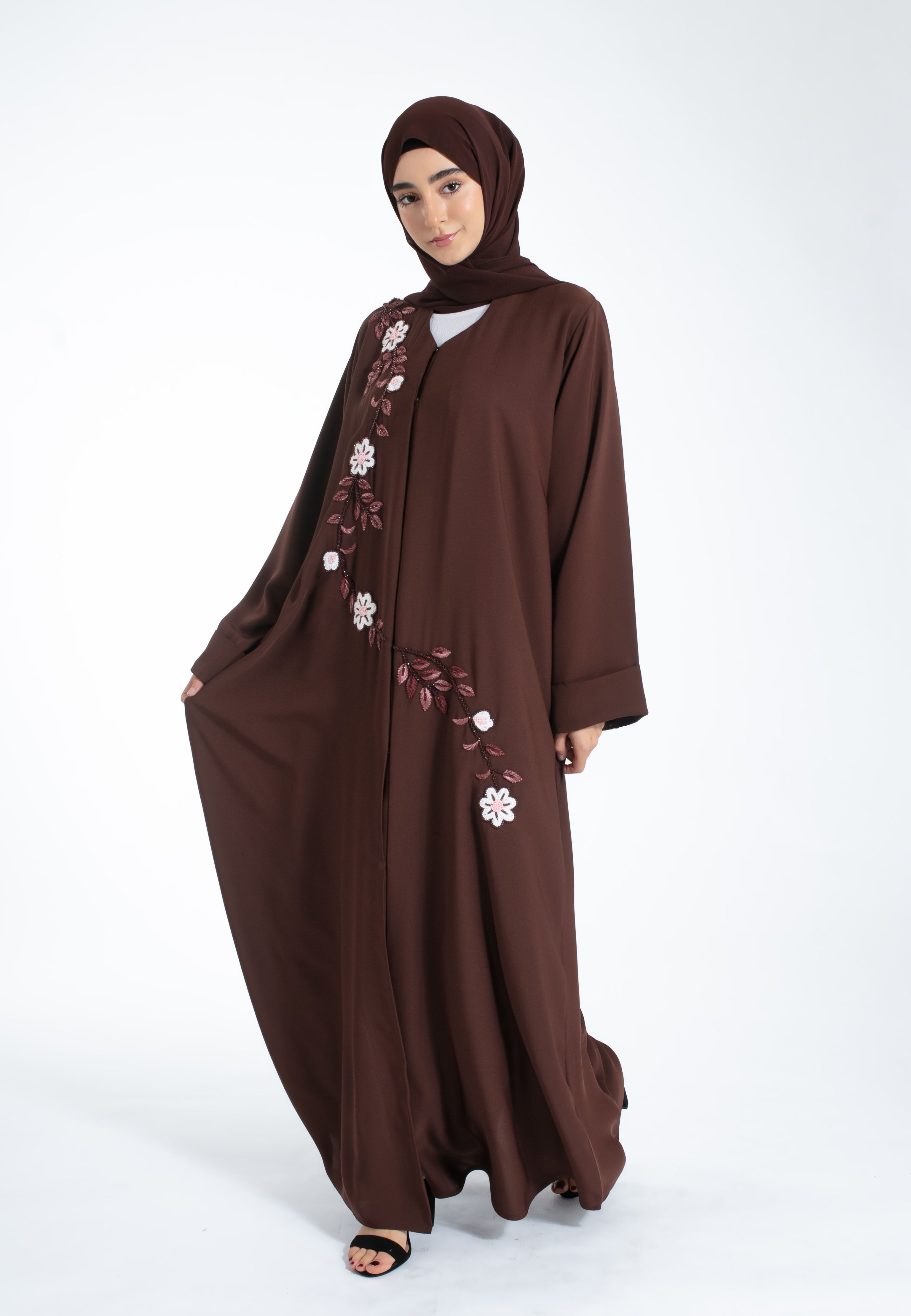 Brown-Embroidered-Open-Abaya