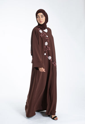 Brown-Floral-Embroidered-Open-Abaya