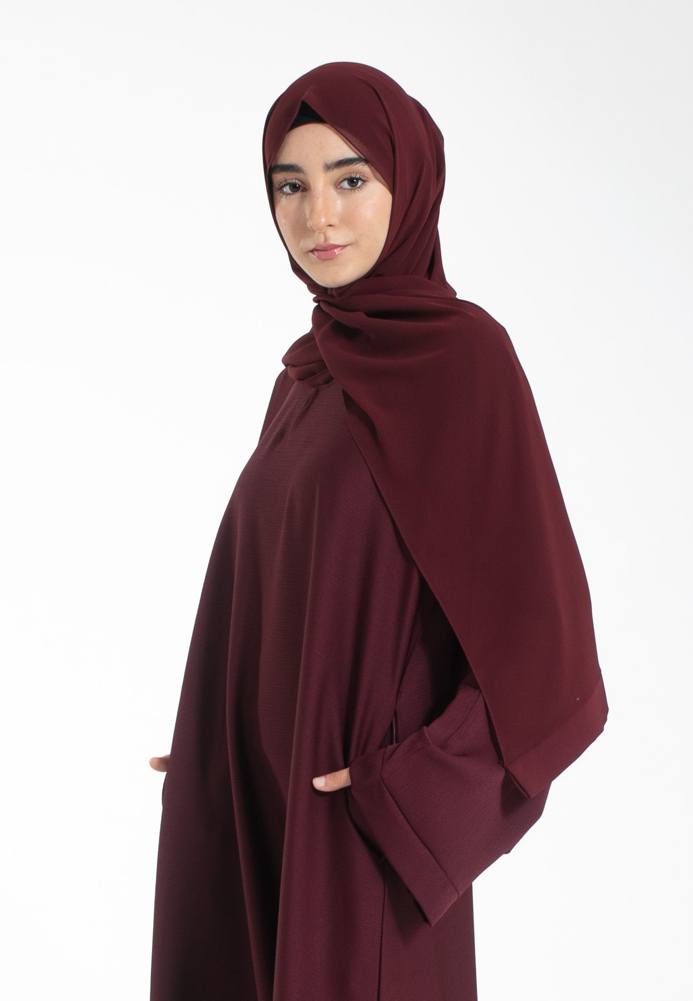 Burgundy Textured Abaya with Zip Pockets