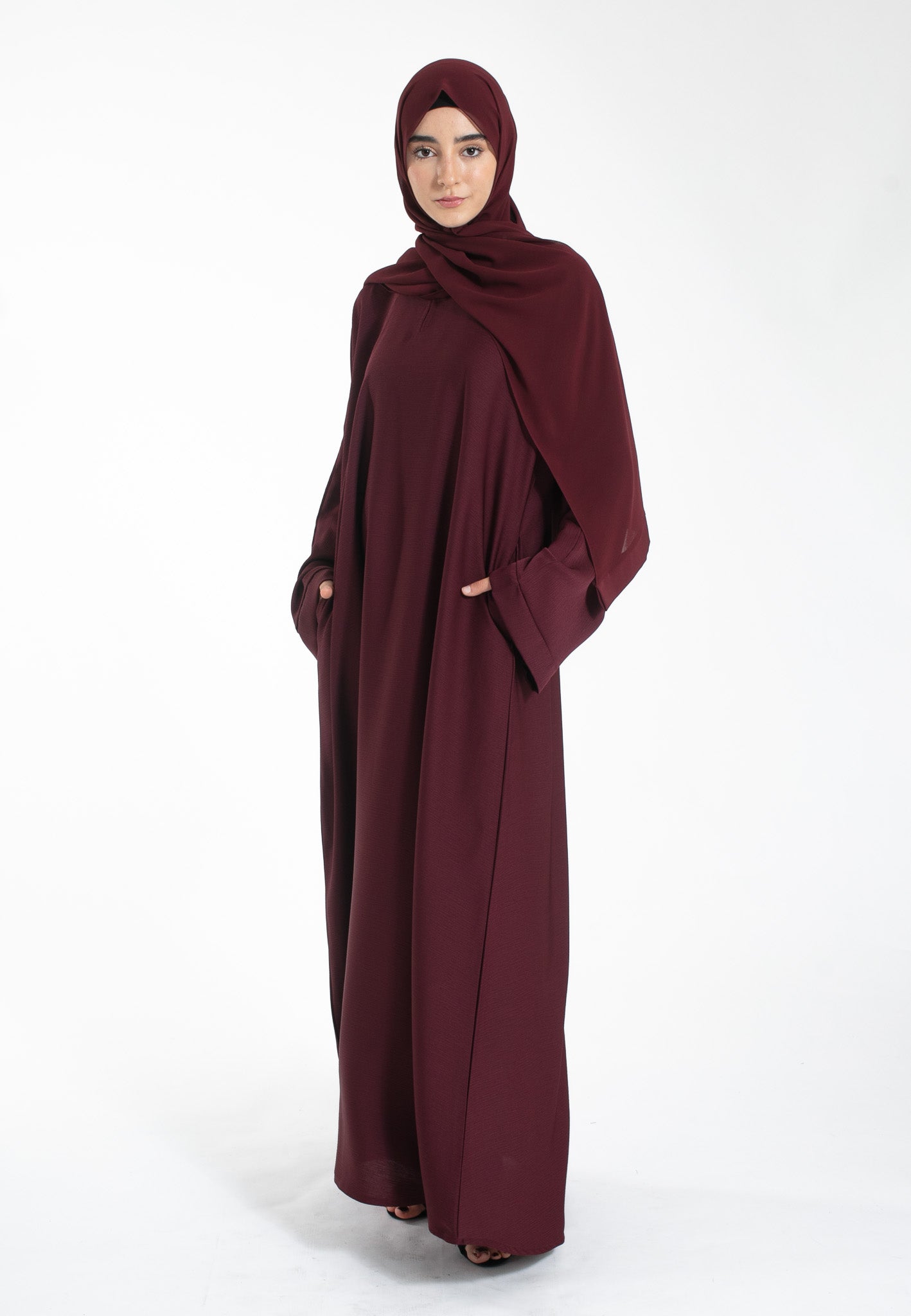 Burgundy Textured Abaya with Zip Pockets