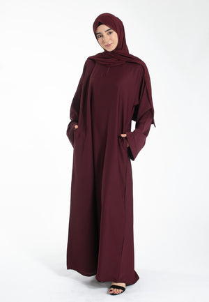 Burgundy Textured Abaya with Zip Pockets