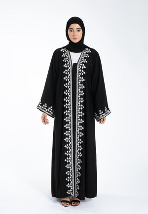 Black-White-Embroidered-Open-Abaya