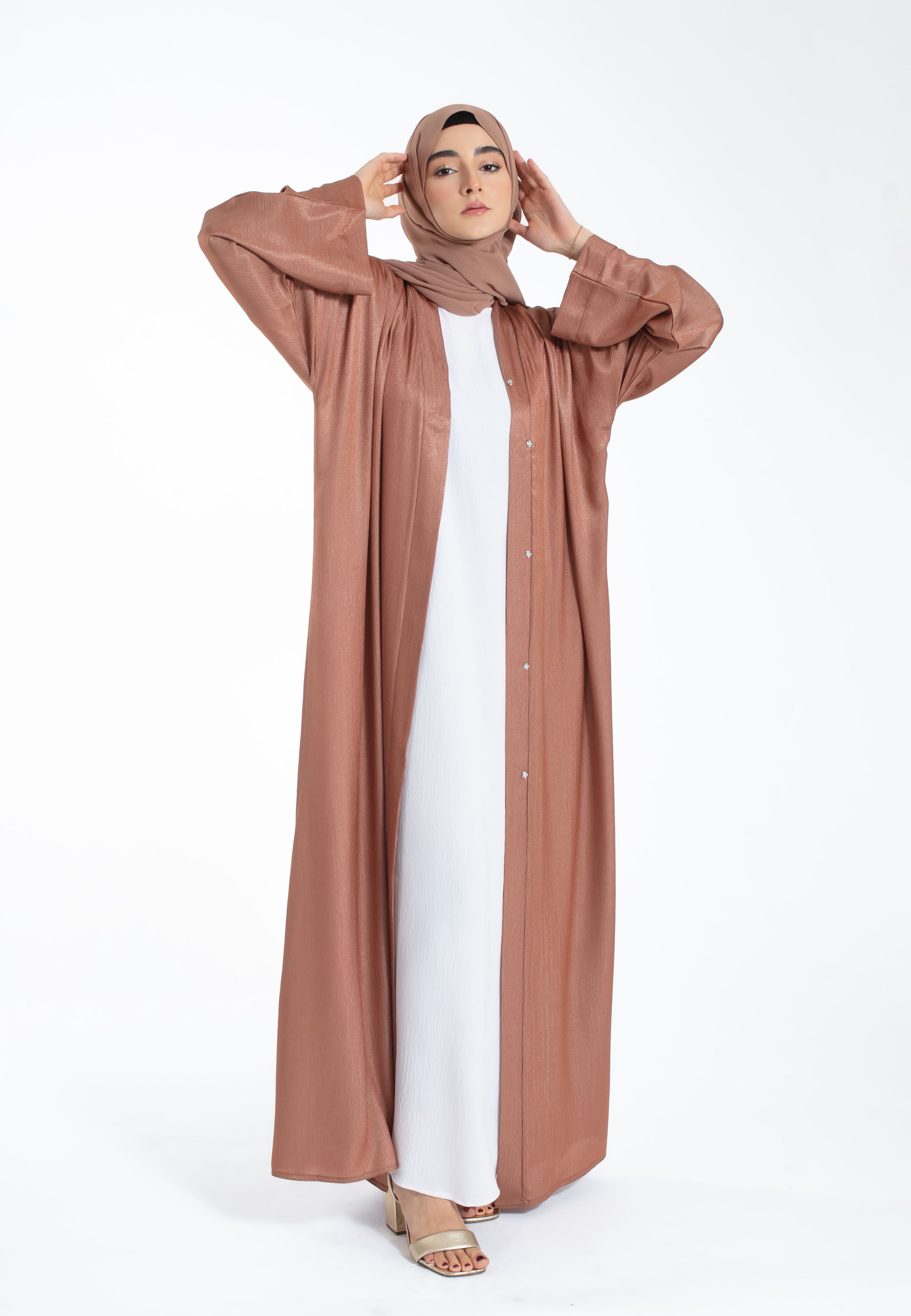 Plain Shimmer Open Abaya - Copper