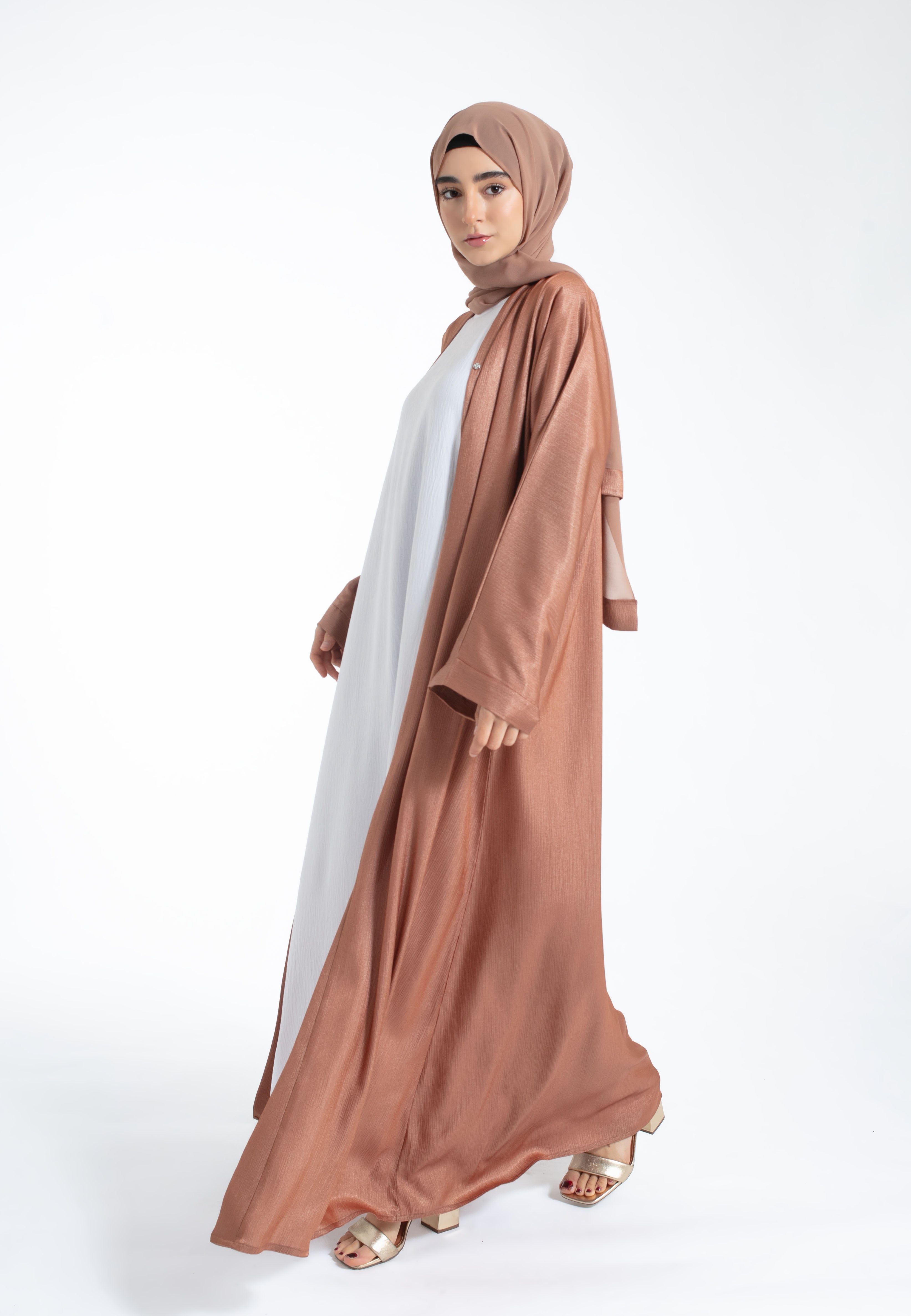 Shimmer Textured Open Abaya - Copper