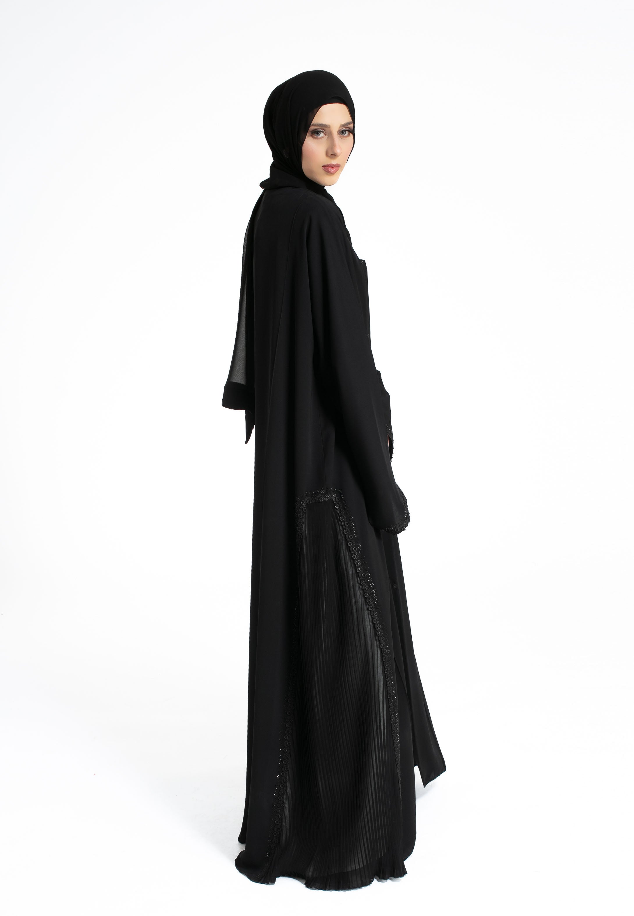 Diamanté-Black-Pleated-Open-Abaya