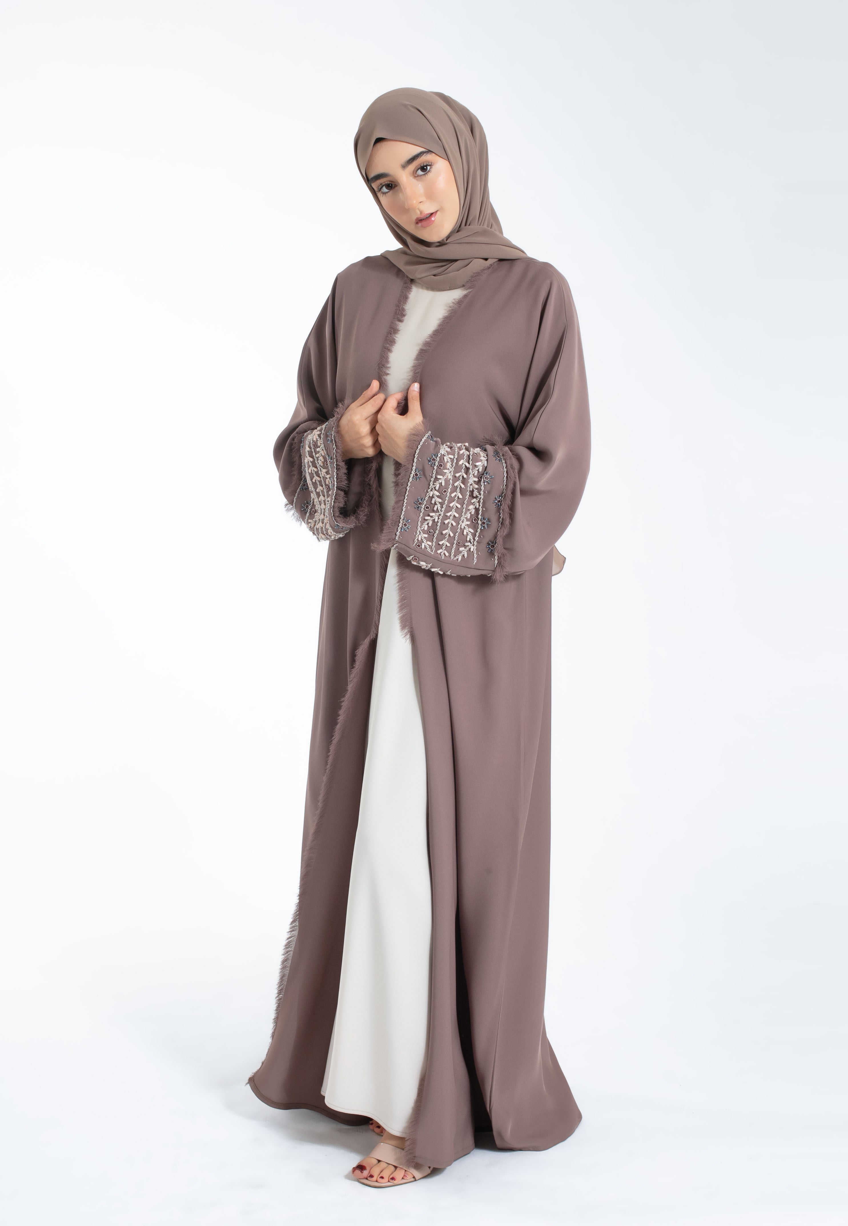 Inayah-Taupe Embellished-Kimono-Abaya