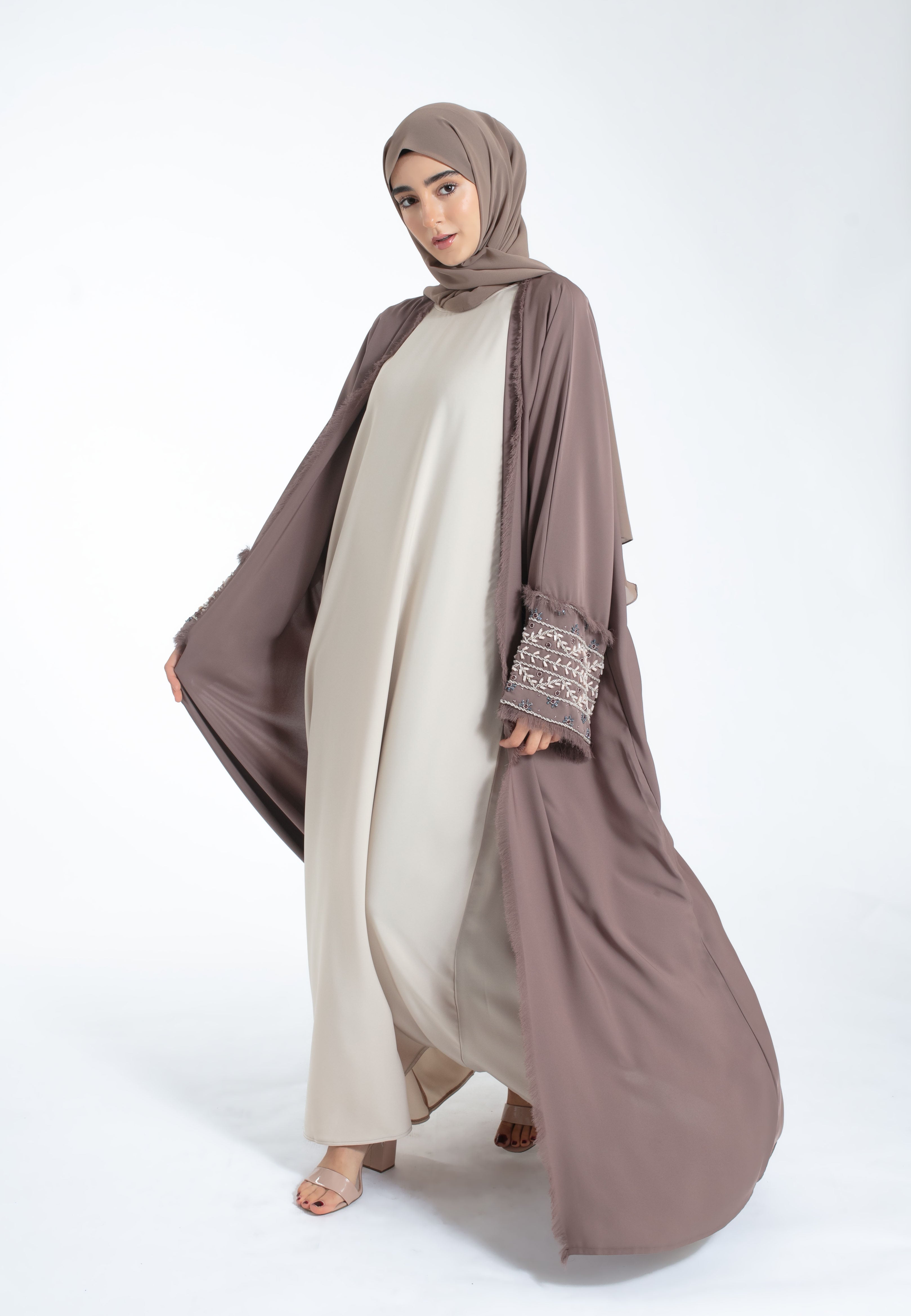 Inayah-Taupe Embellished-Kimono-Abaya