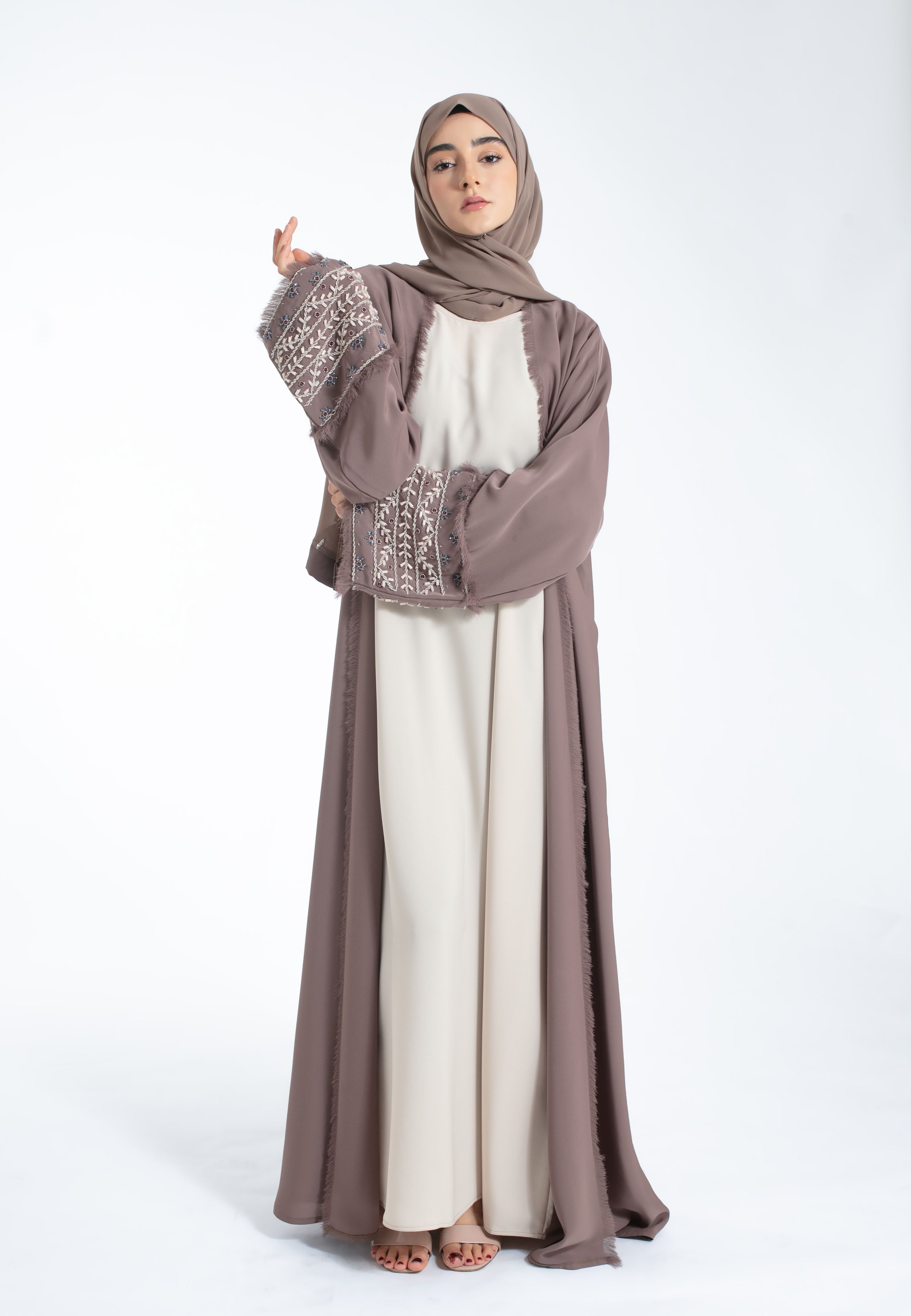 Discover Inayah Taupe Embellished Kimono Abaya Set Abaya Lounge