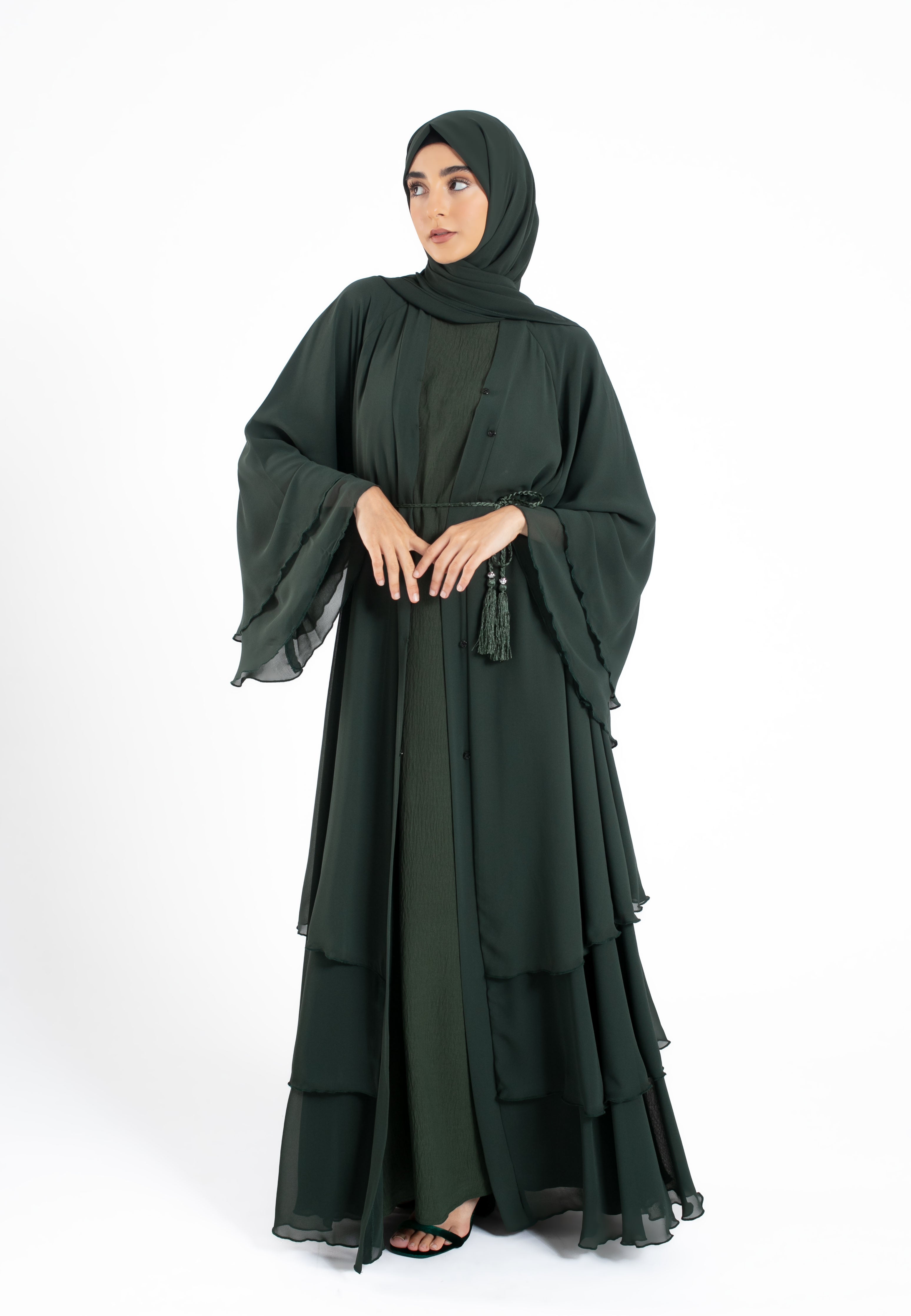 3-layered-open-abaya-Green