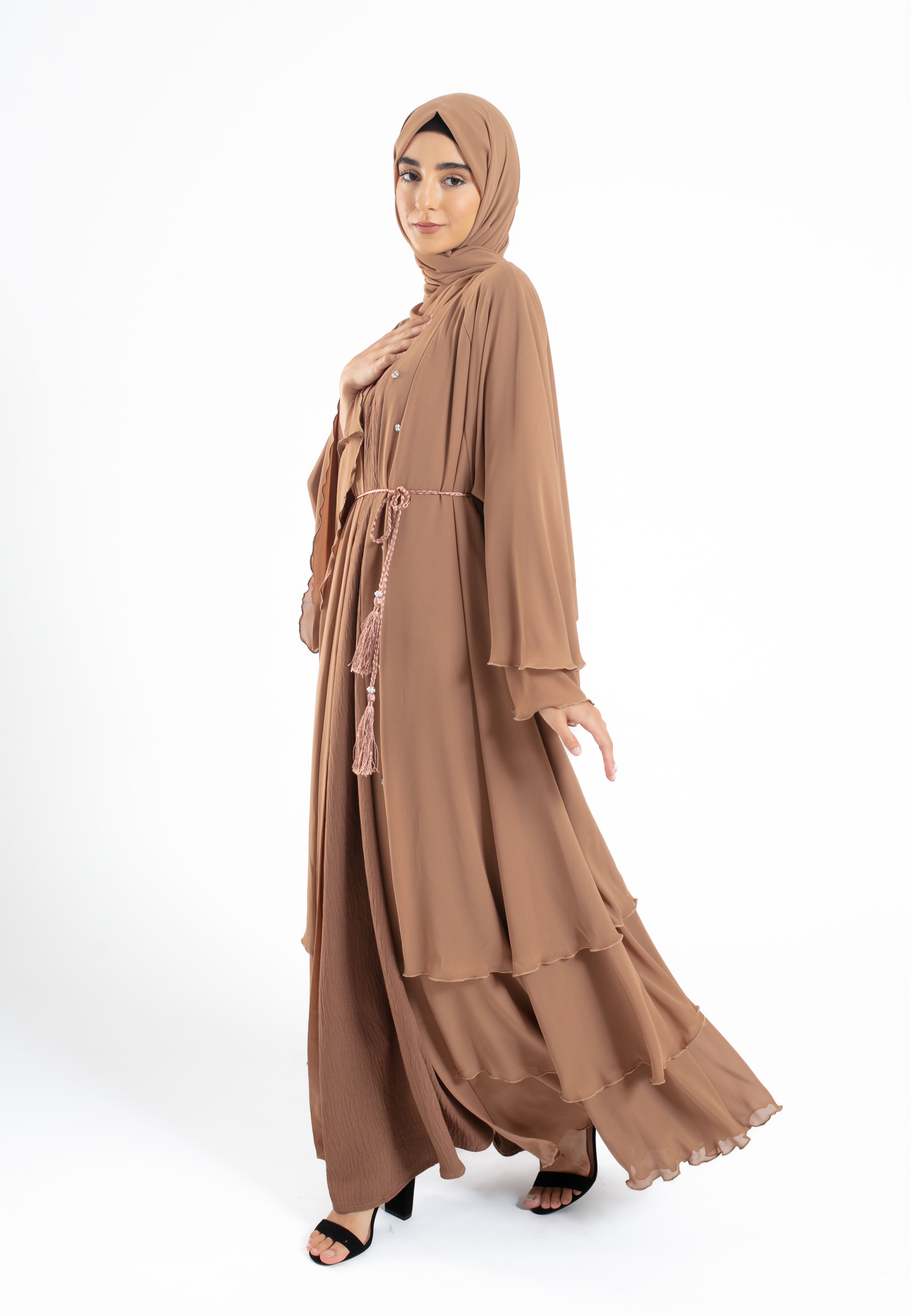 Tan-3-Layered-Open-Abaya