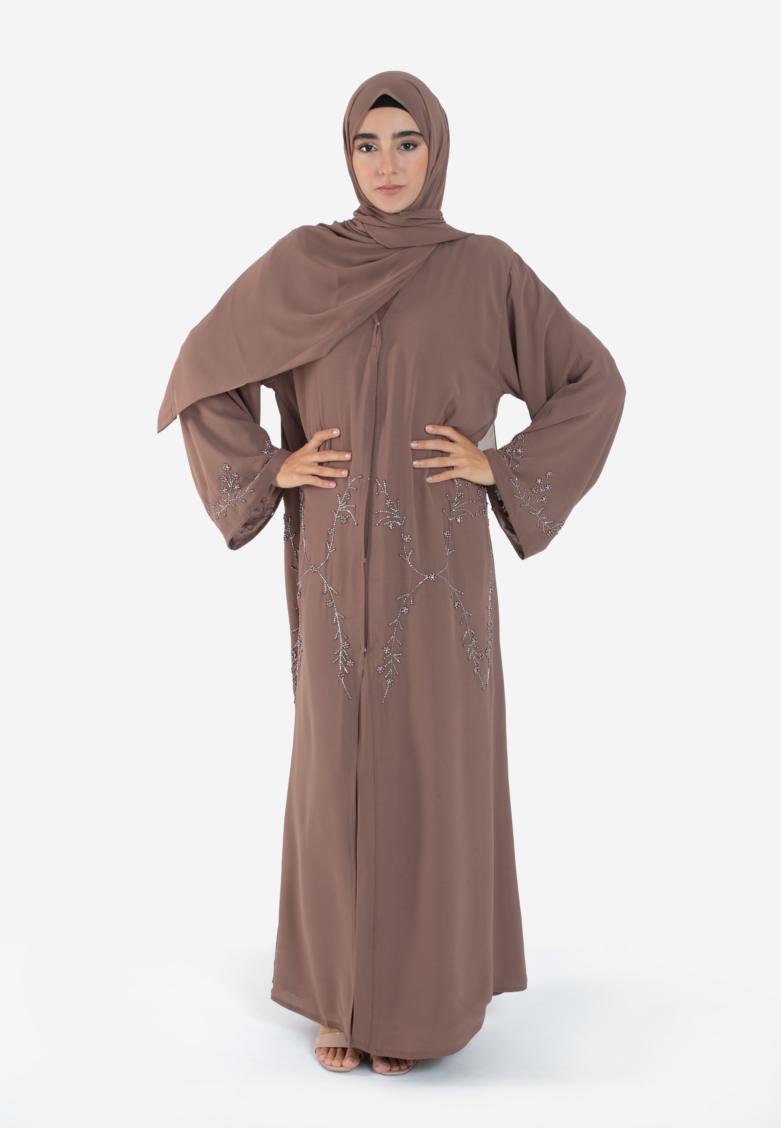 Mocha Embellished Abaya - Front