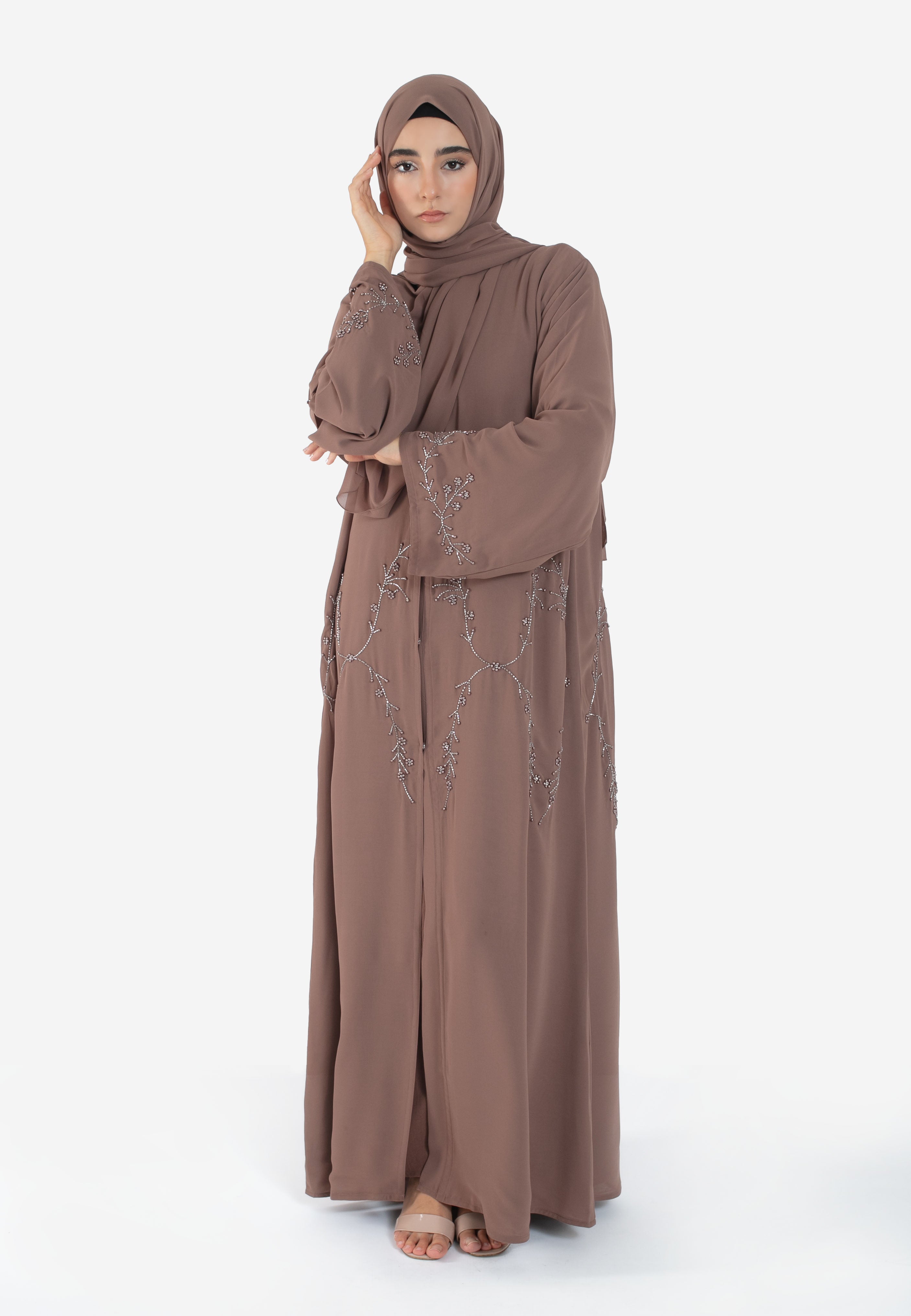 Mocha Embellished Abaya - Front