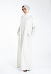 Off-White Textured Abaya with Zip Pockets