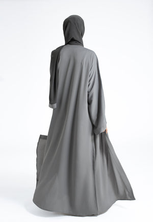 Plain Grey Open Abaya - Pebble