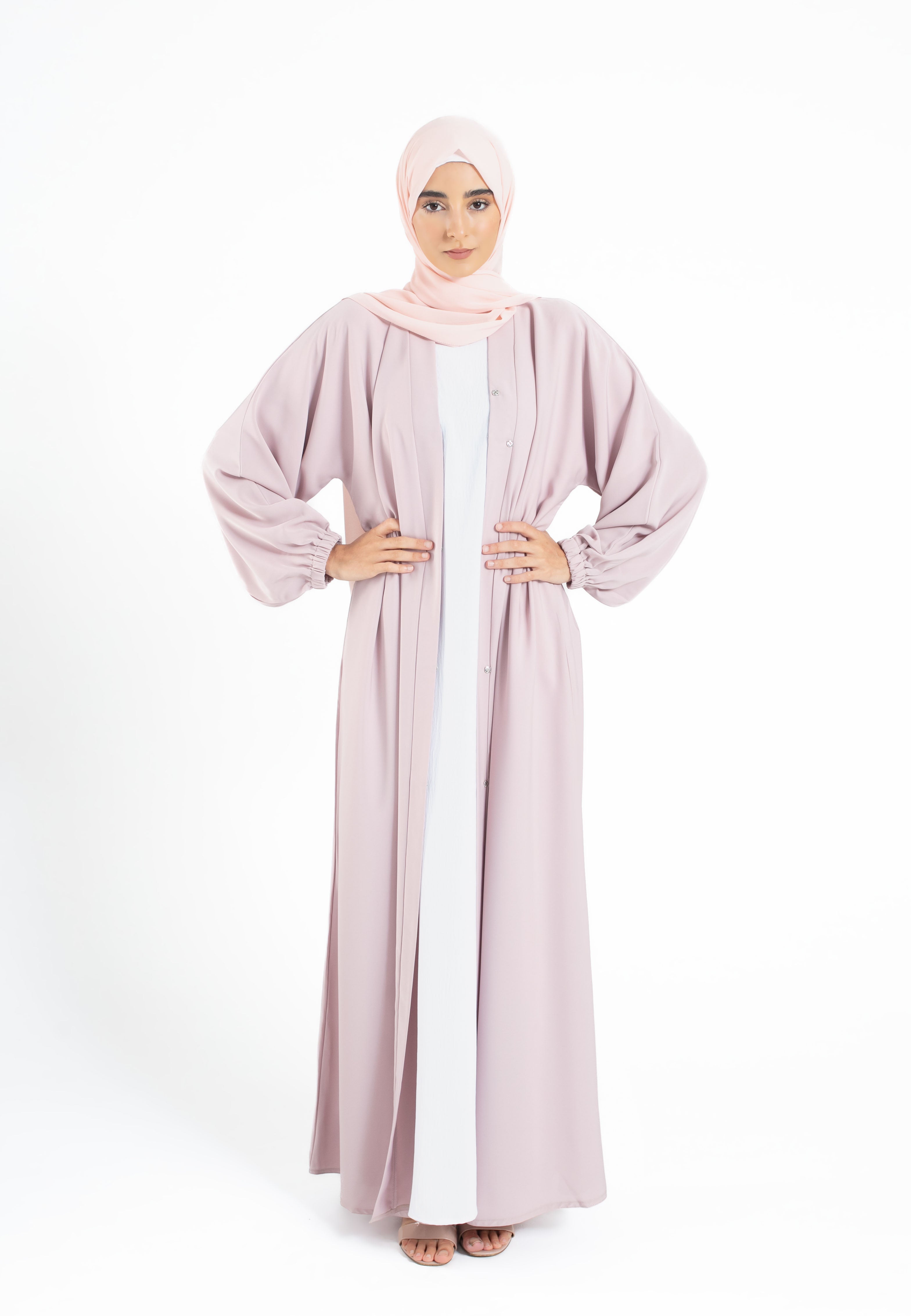 Cuff Sleeves Open Abaya - Baby Pink