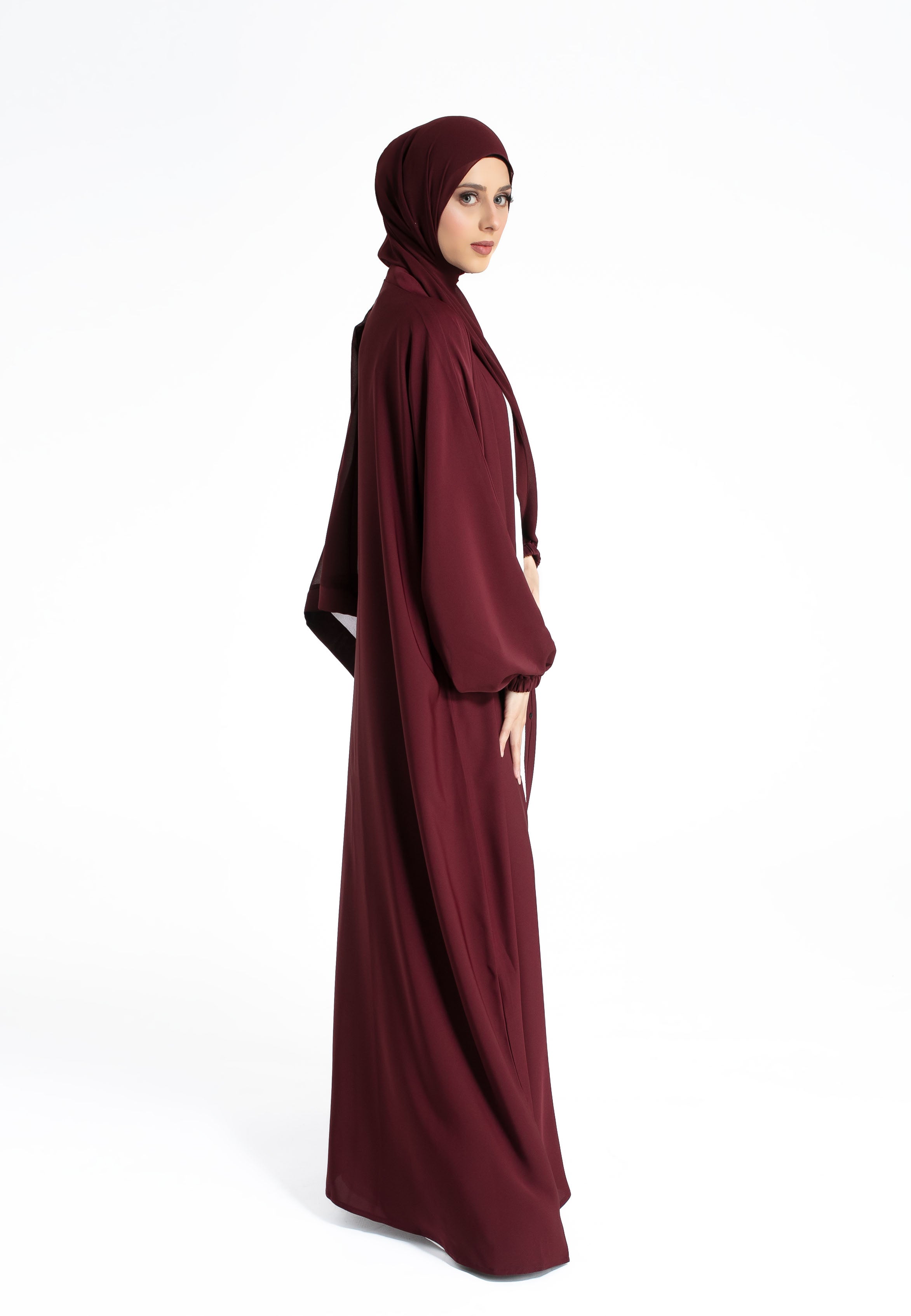 Cuff Sleeves Open Abaya in Burgundy