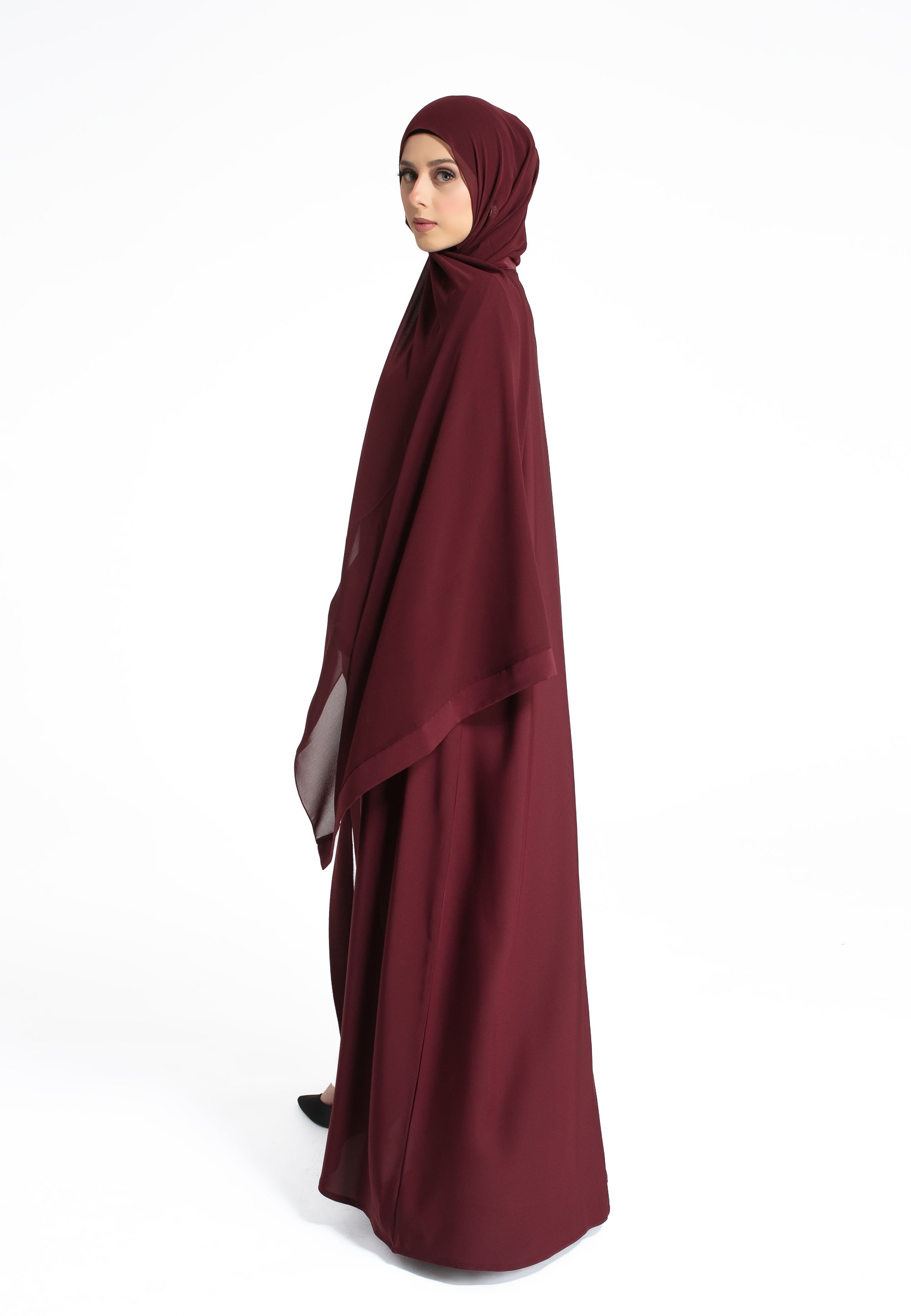 Burgundy Open Abaya with Cuff Sleeves