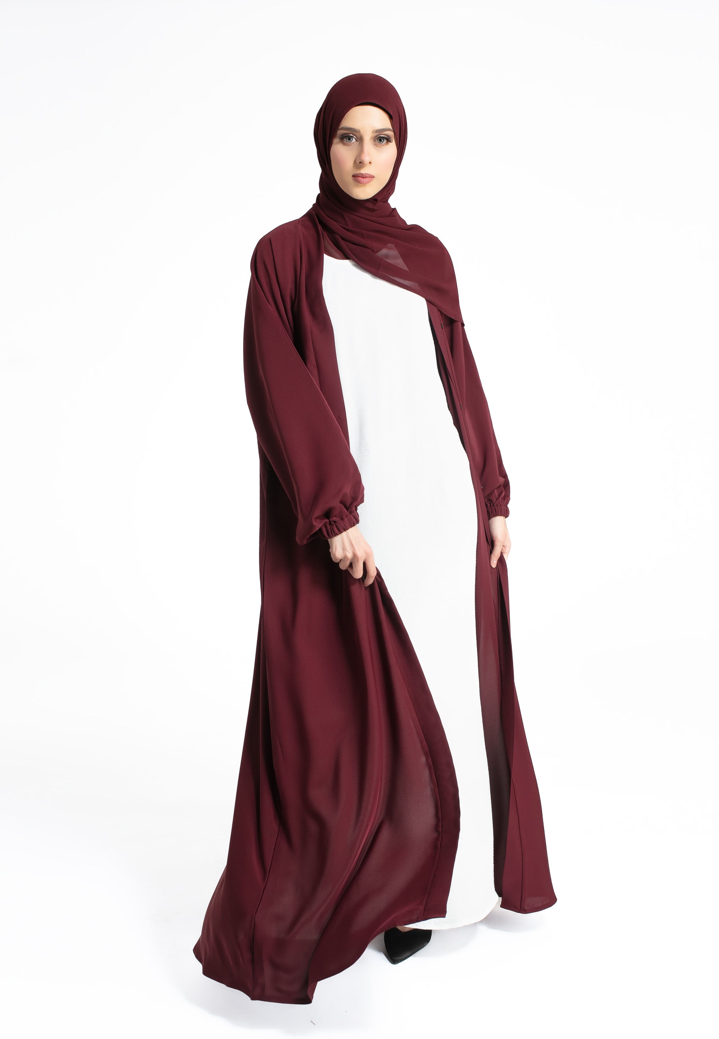 Luxury Plain Burgundy open Abaya