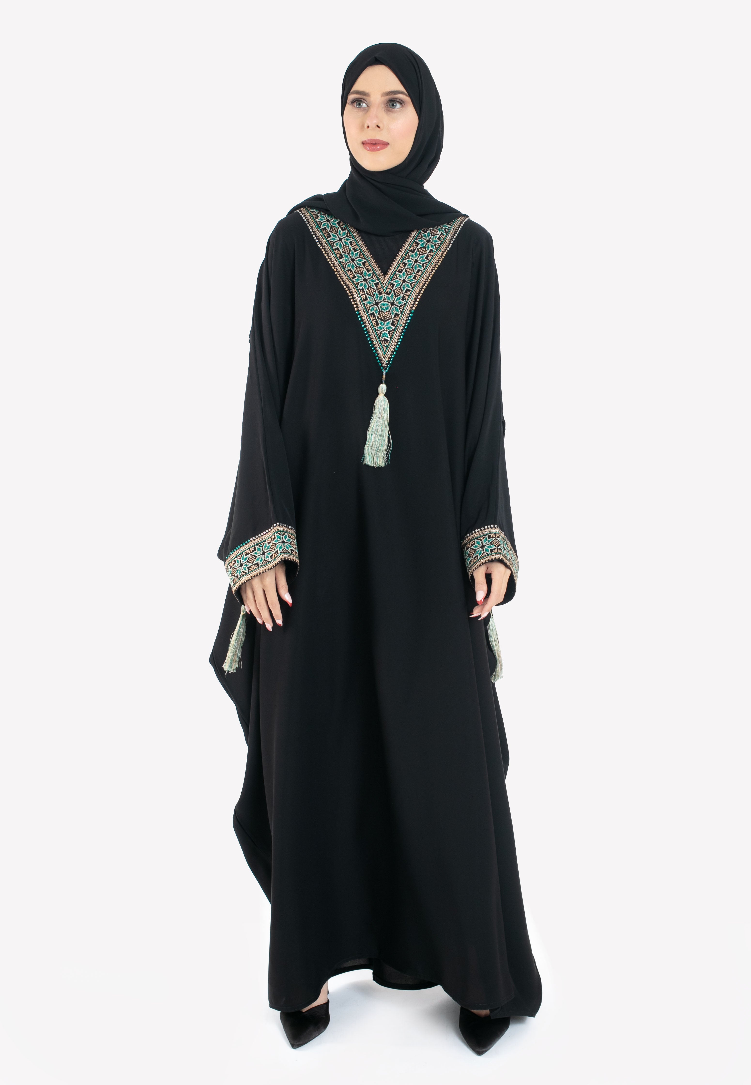 Palestinian Tatreez Batwing Abaya - Turquoise - Front