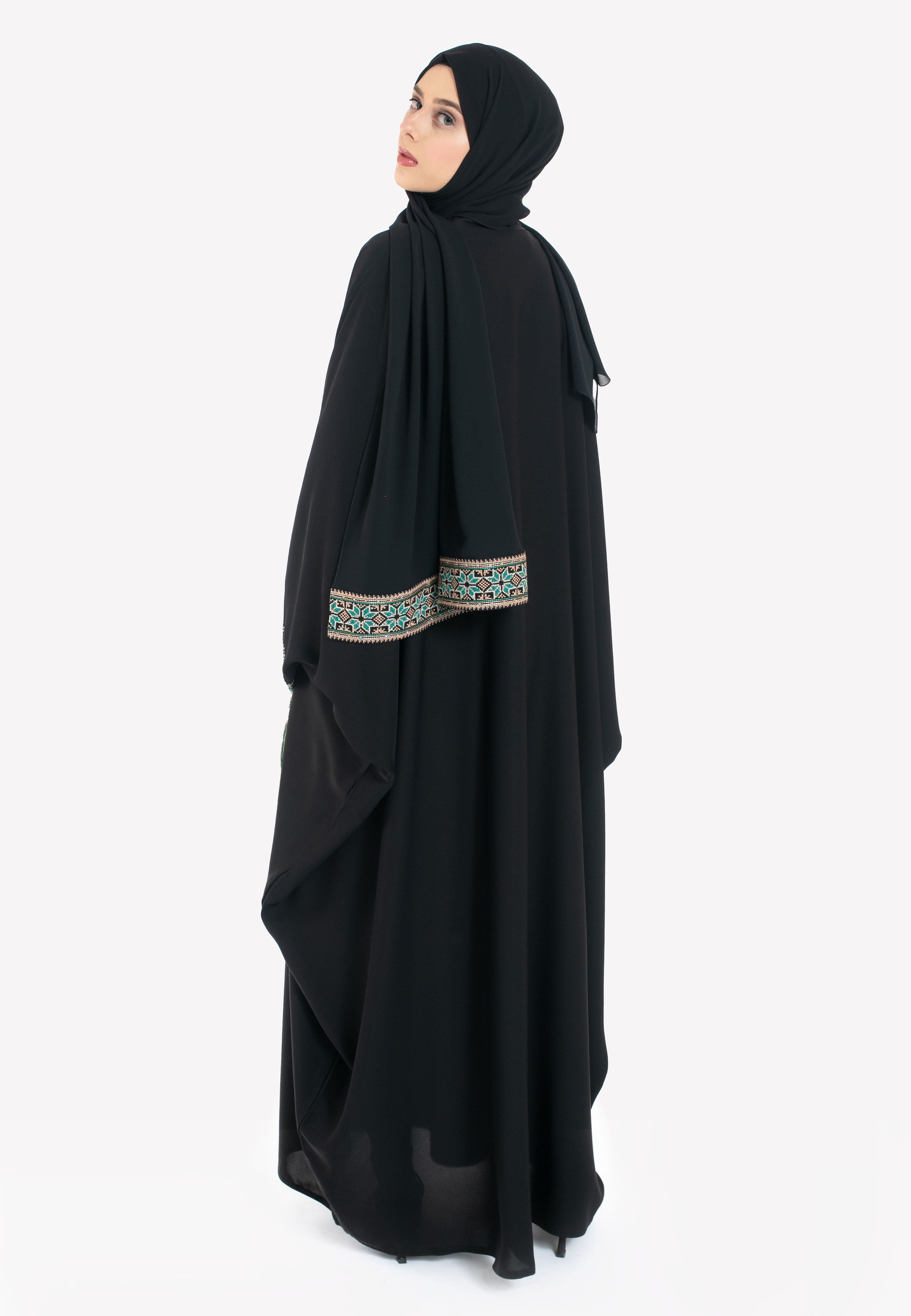 Palestinian Tatreez Batwing Abaya - Turquoise - Back