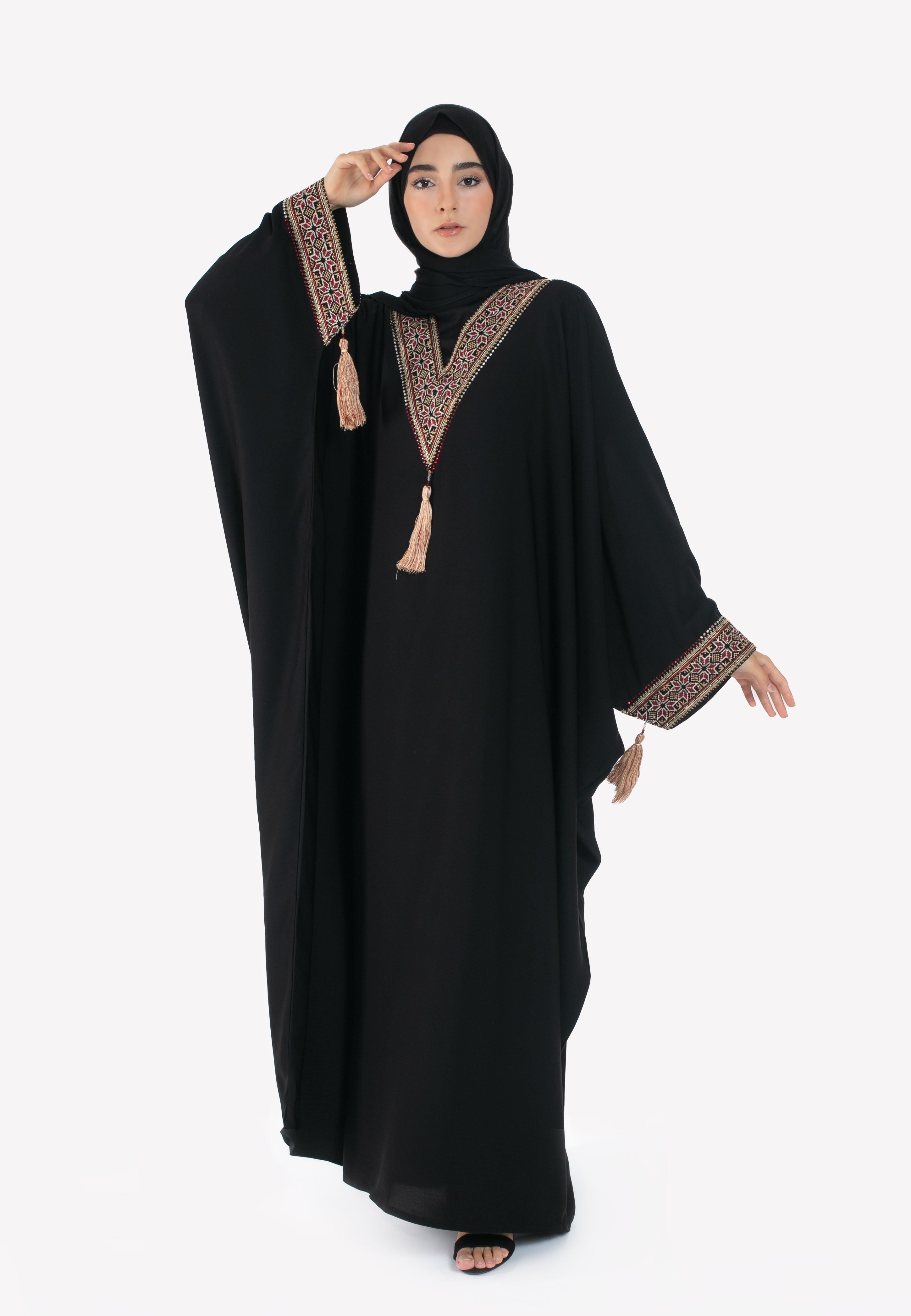 Tatreez Batwing Abaya - Burgundy & Gold