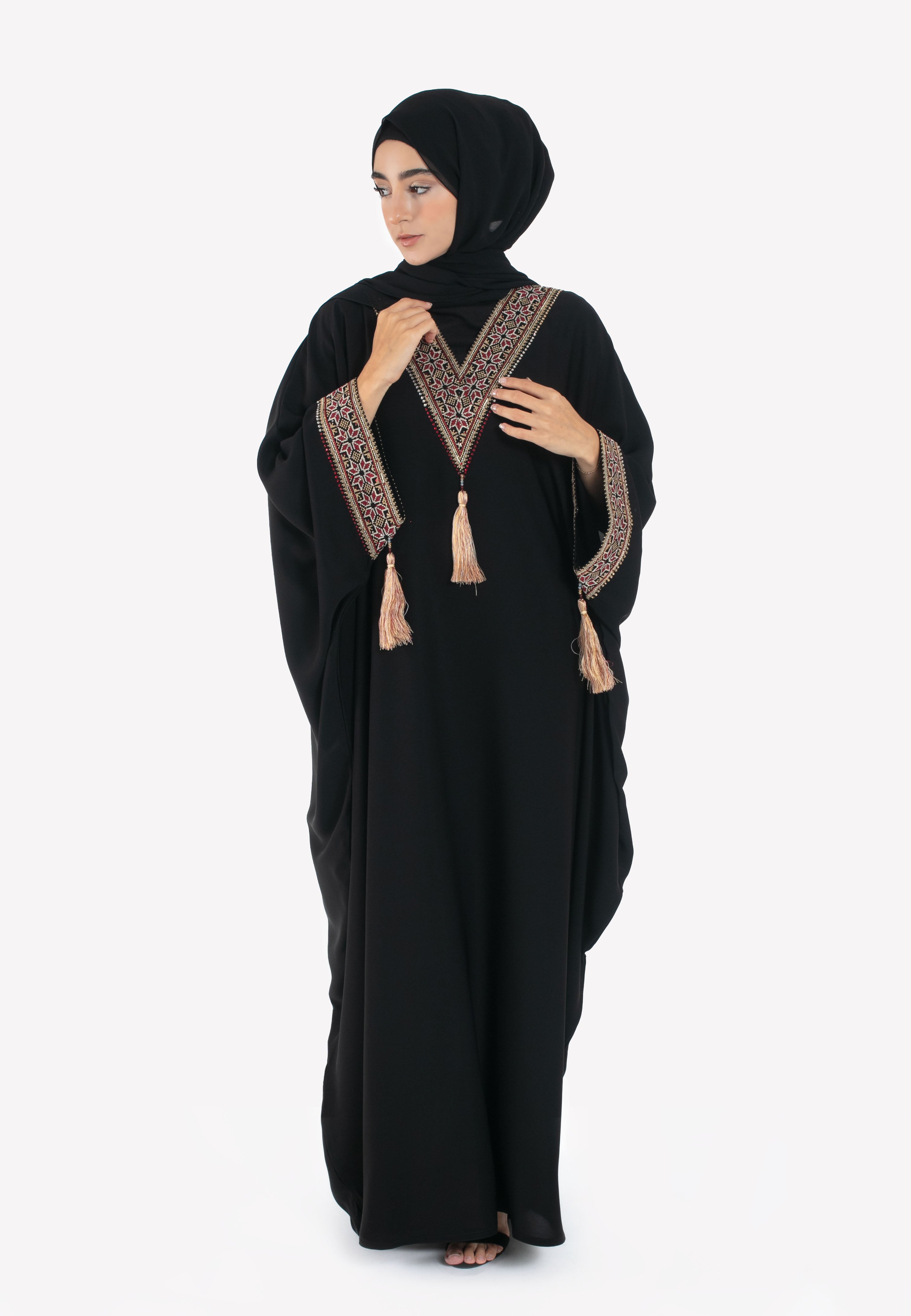 Tatreez Batwing Abaya - Burgundy & Gold