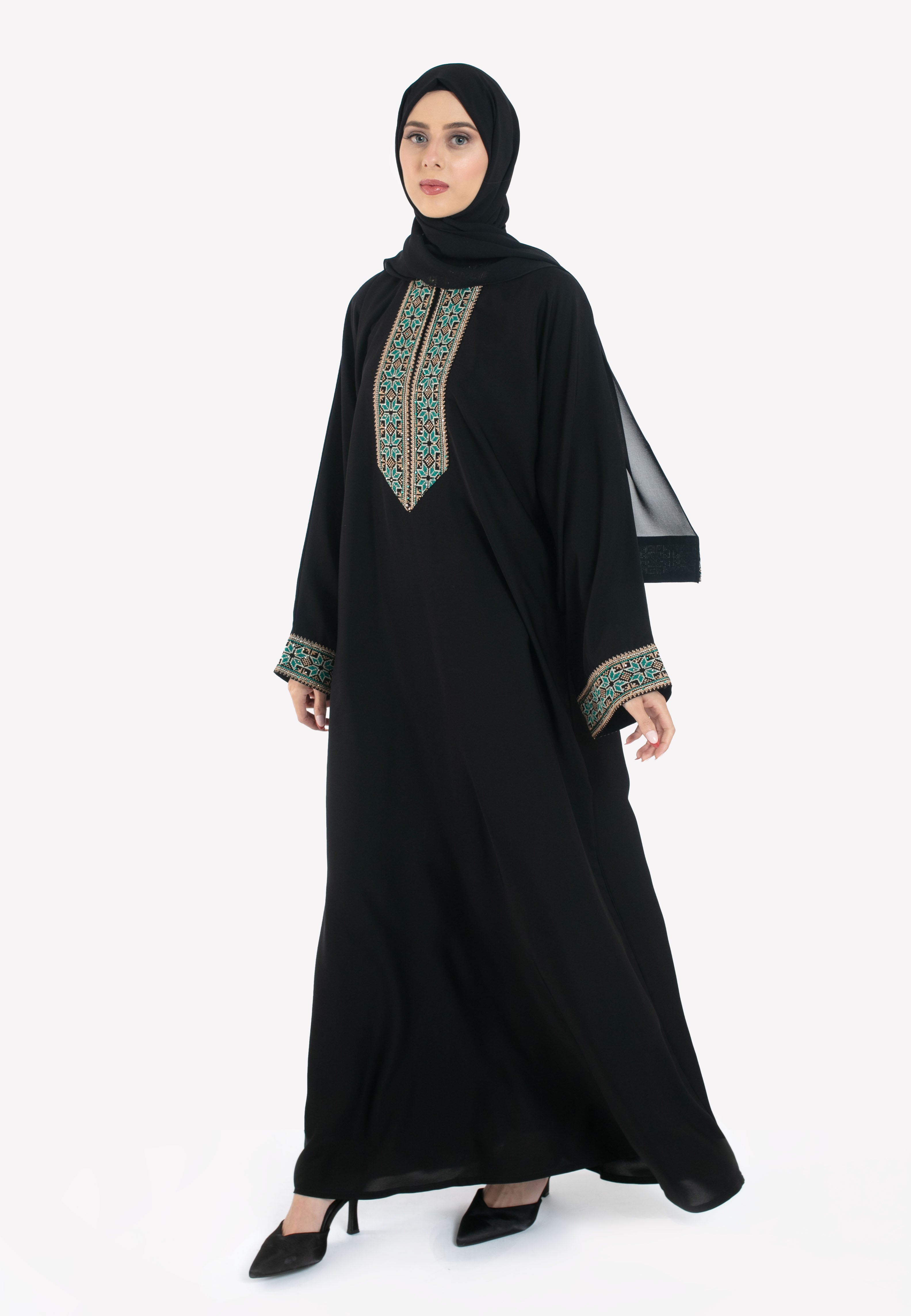 Tatreez Closed Abaya - Turquoise Front