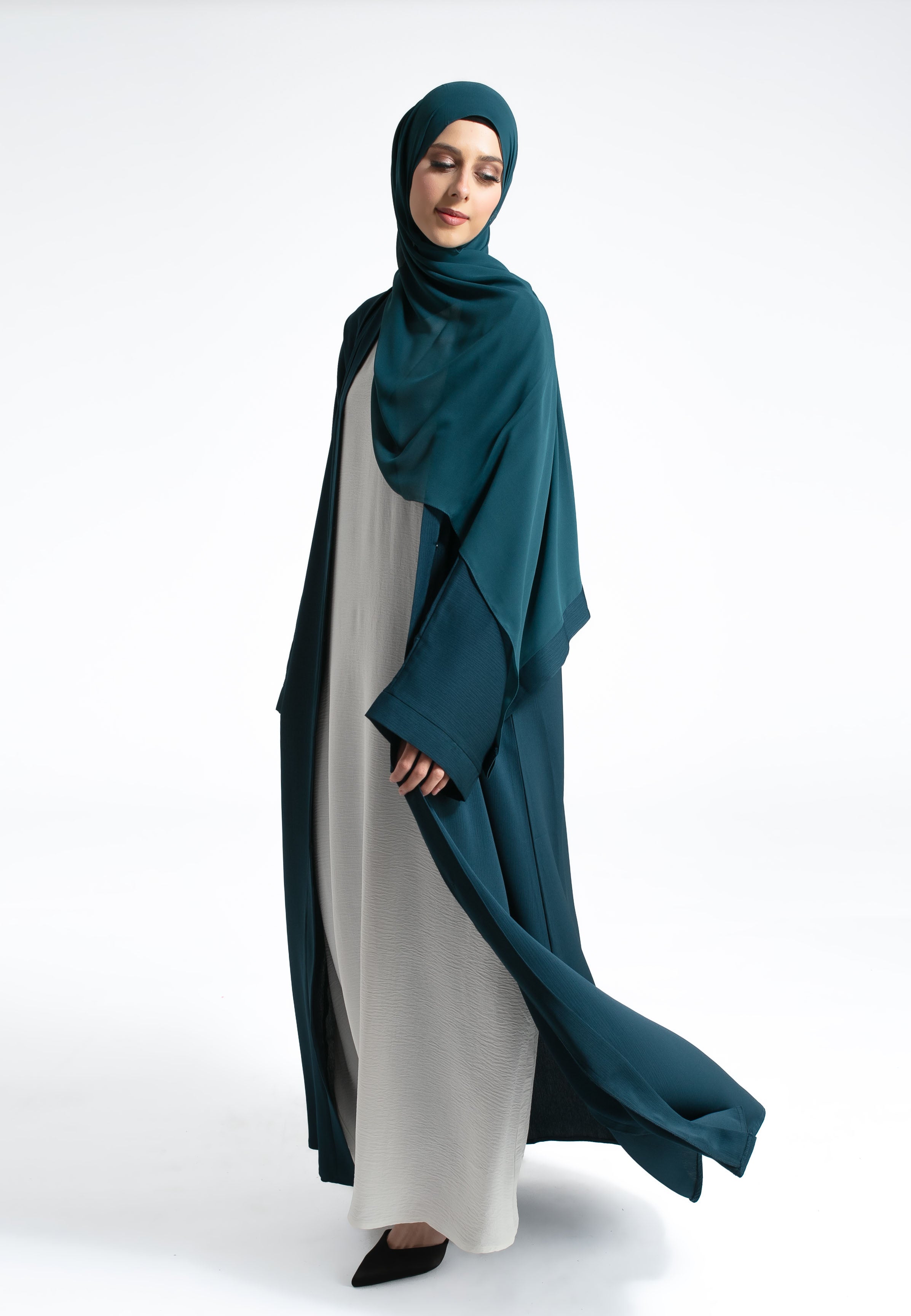 Teal Open Abaya with Hijab