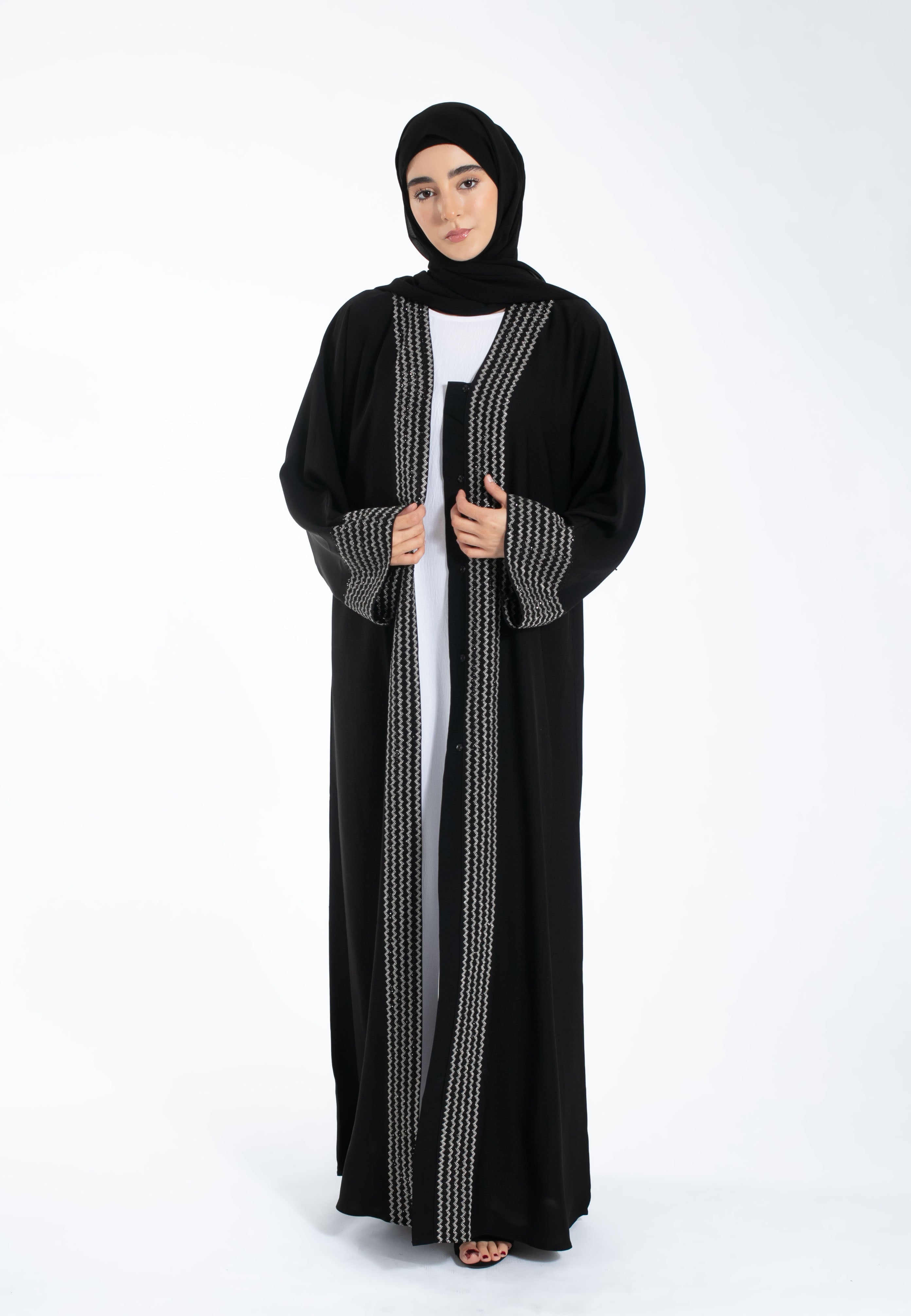 Zig-Zag Embroidered Open Abaya