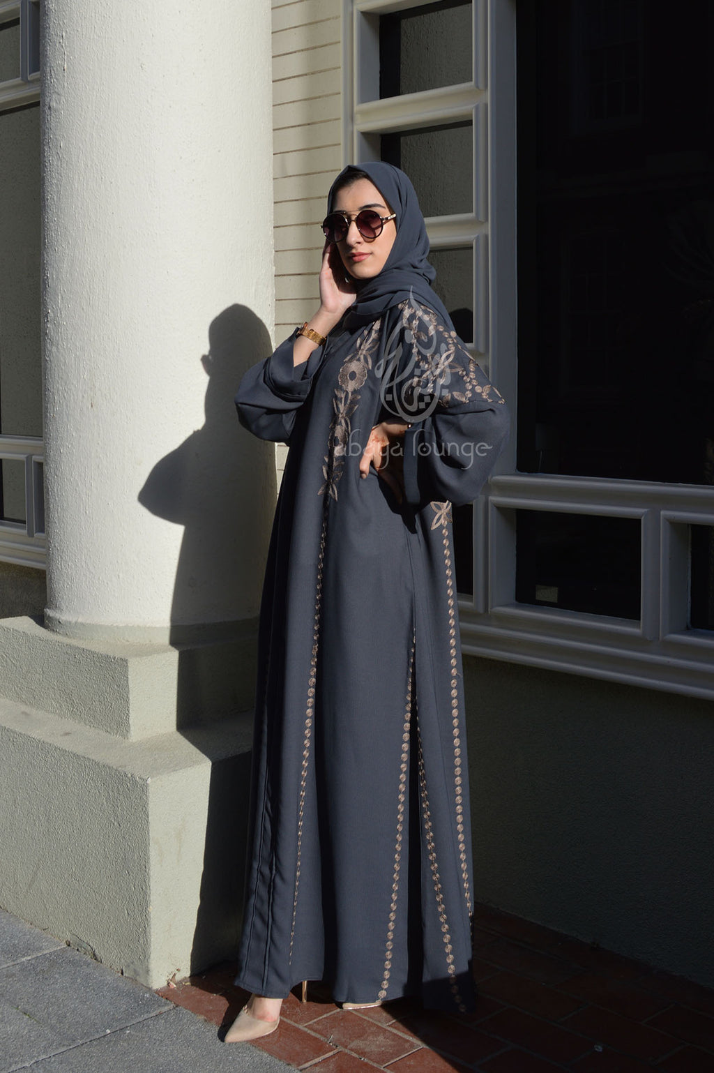 Grey Embroidered Closed Abaya