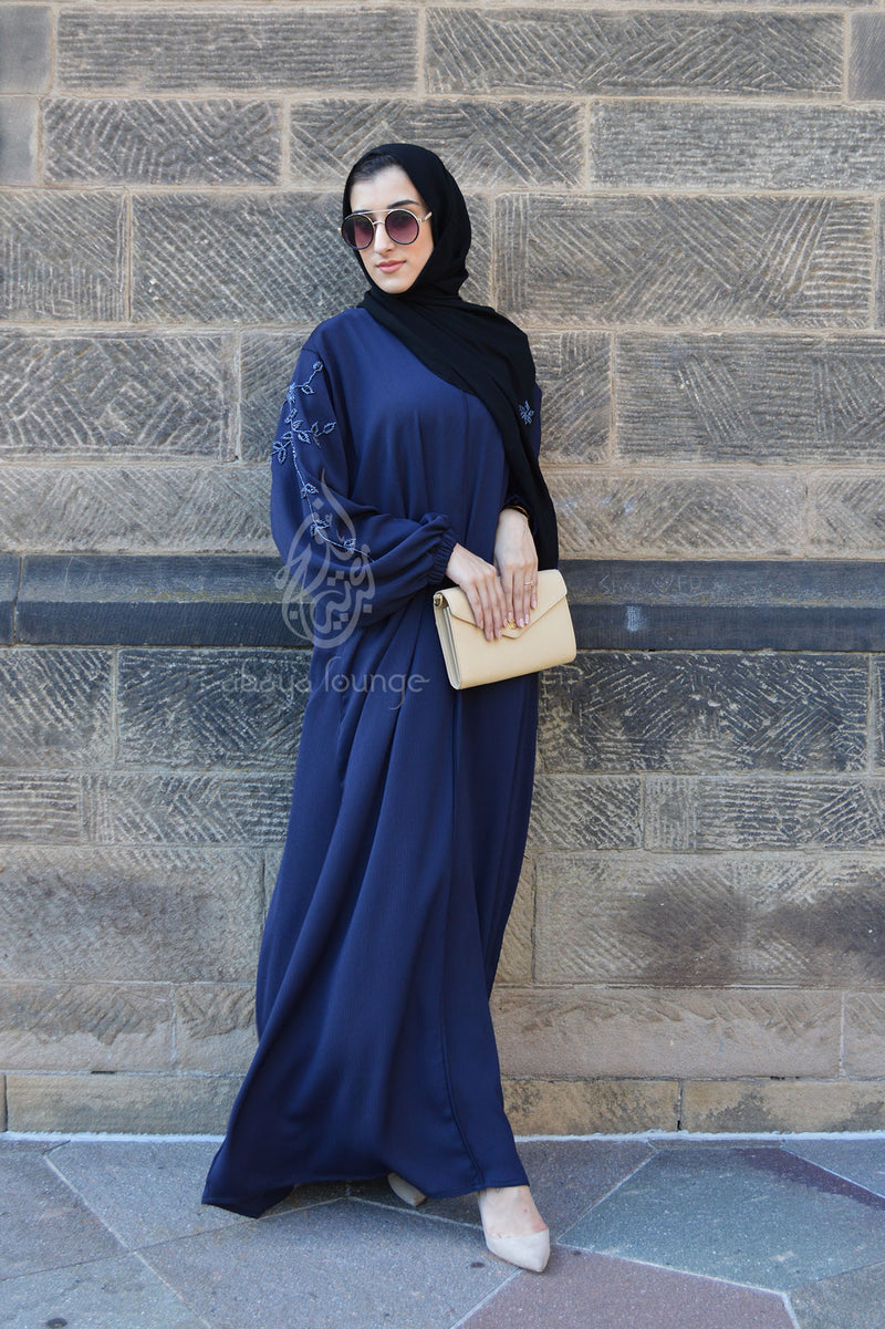Navy Textured Abaya With Cuff Sleeves