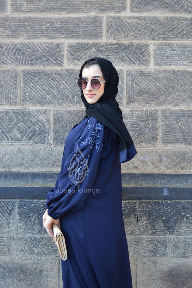 Navy Textured Abaya With Cuff Sleeves